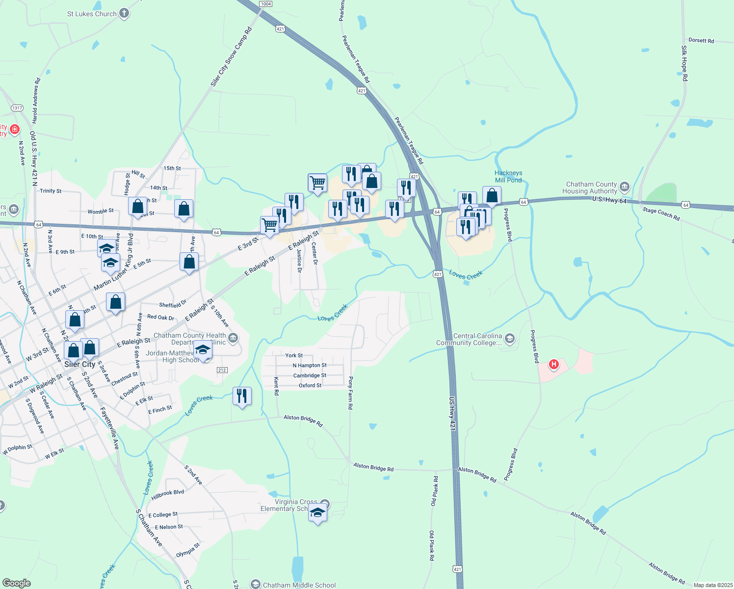 map of restaurants, bars, coffee shops, grocery stores, and more near 1103 Sunrise Place in Siler City
