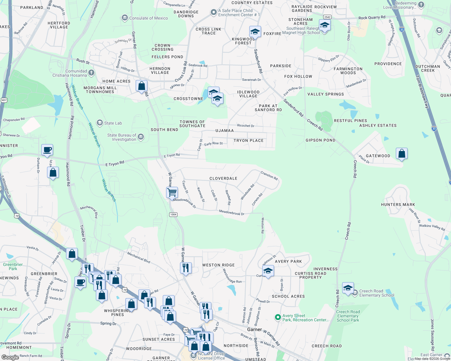 map of restaurants, bars, coffee shops, grocery stores, and more near 1229 Southerlund Road in Garner
