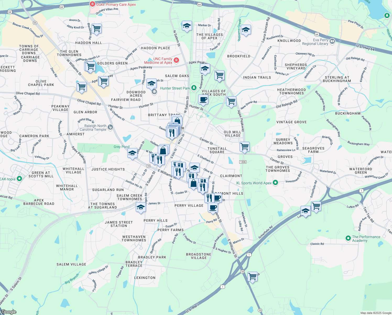 map of restaurants, bars, coffee shops, grocery stores, and more near 404 E Chatham St in Apex
