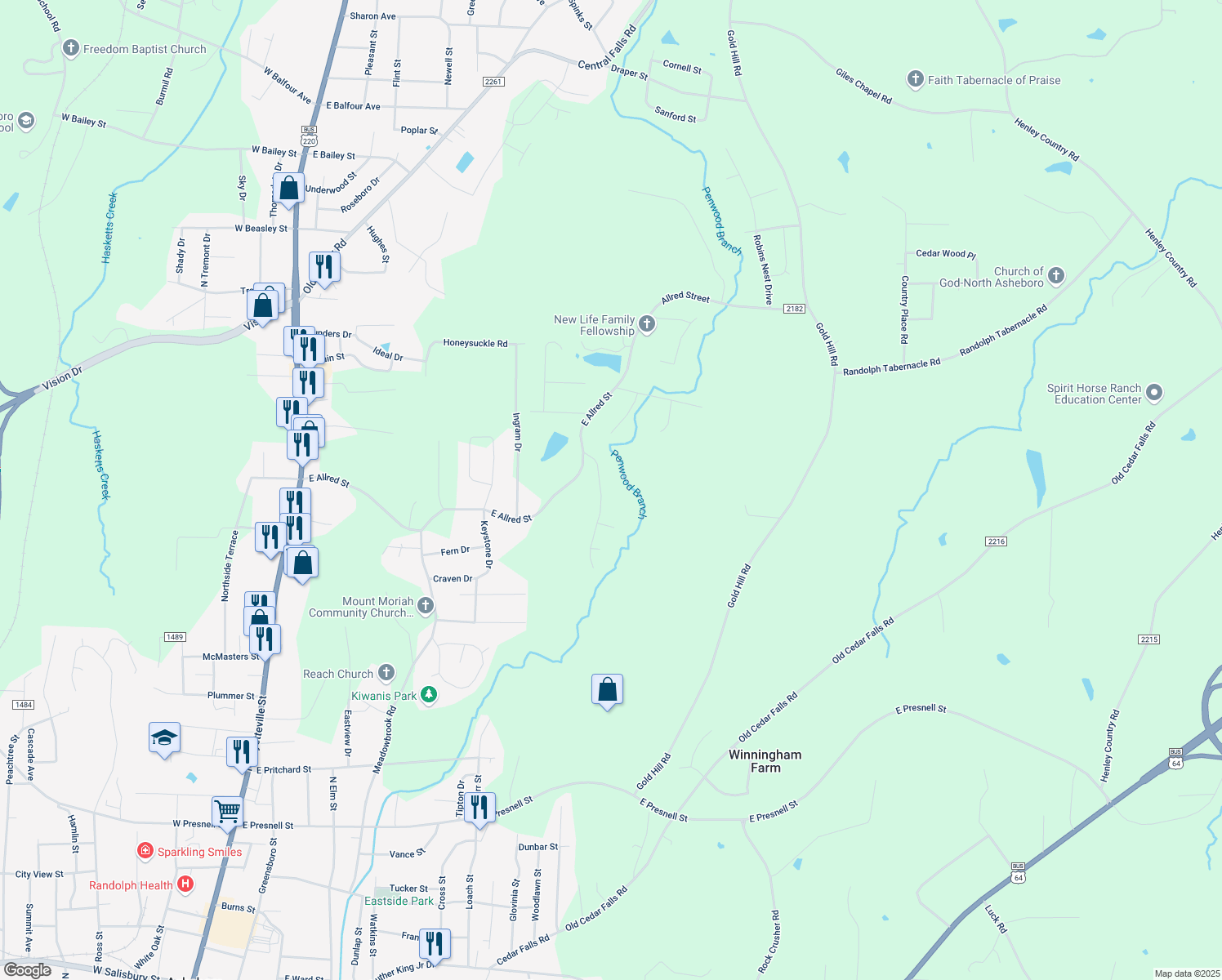 map of restaurants, bars, coffee shops, grocery stores, and more near 930 Northshore Drive in Asheboro