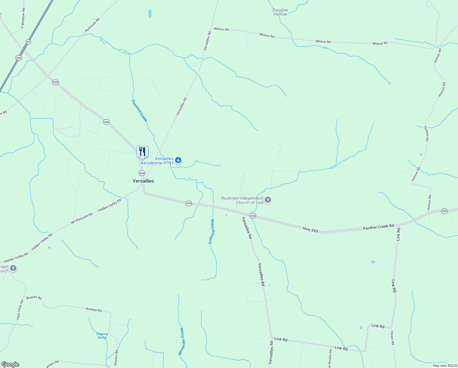 map of restaurants, bars, coffee shops, grocery stores, and more near 12785 Versailles Road in Rockvale