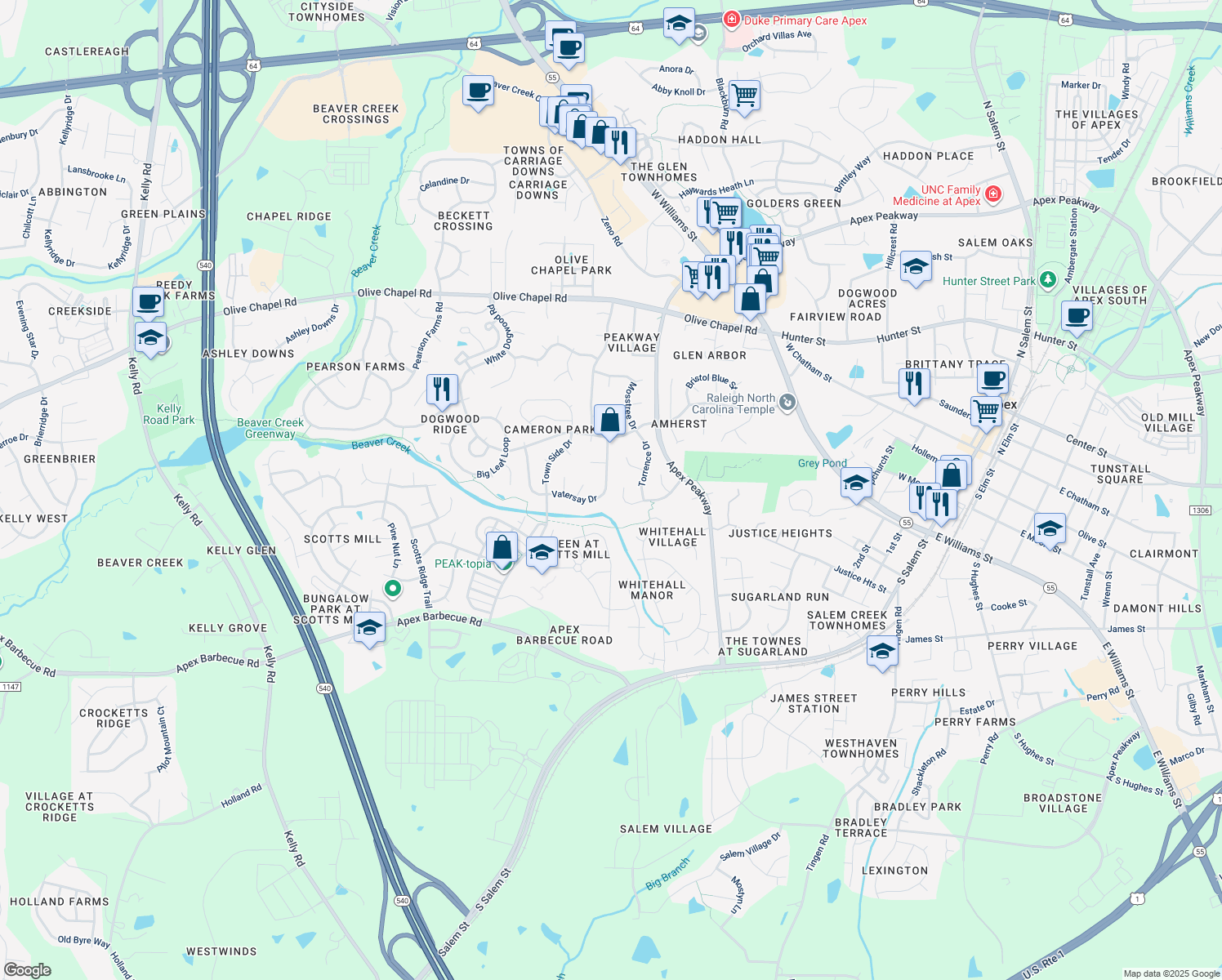 map of restaurants, bars, coffee shops, grocery stores, and more near 209 Vatersay Drive in Apex