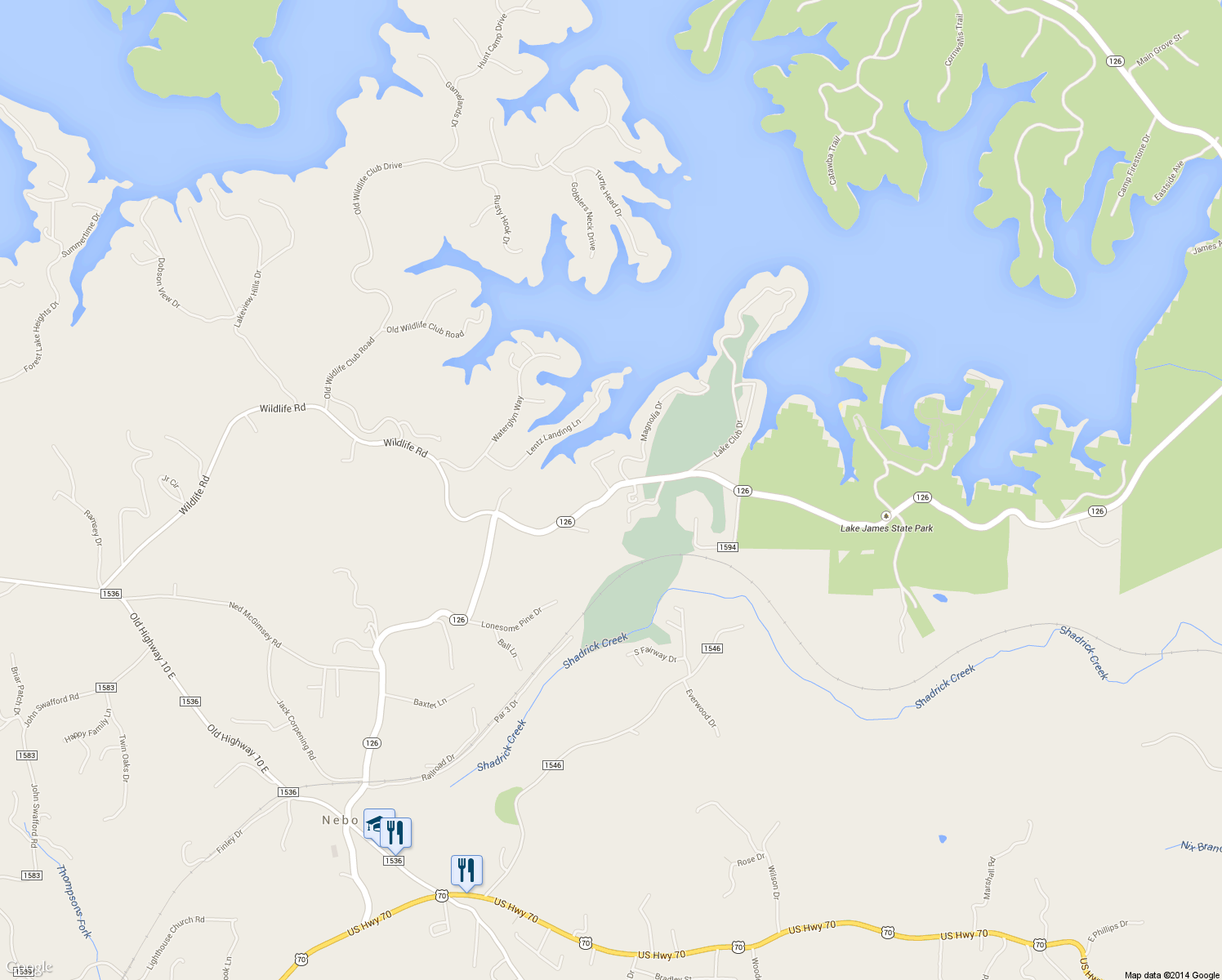 map of restaurants, bars, coffee shops, grocery stores, and more near 160 North Fairway Drive in Nebo