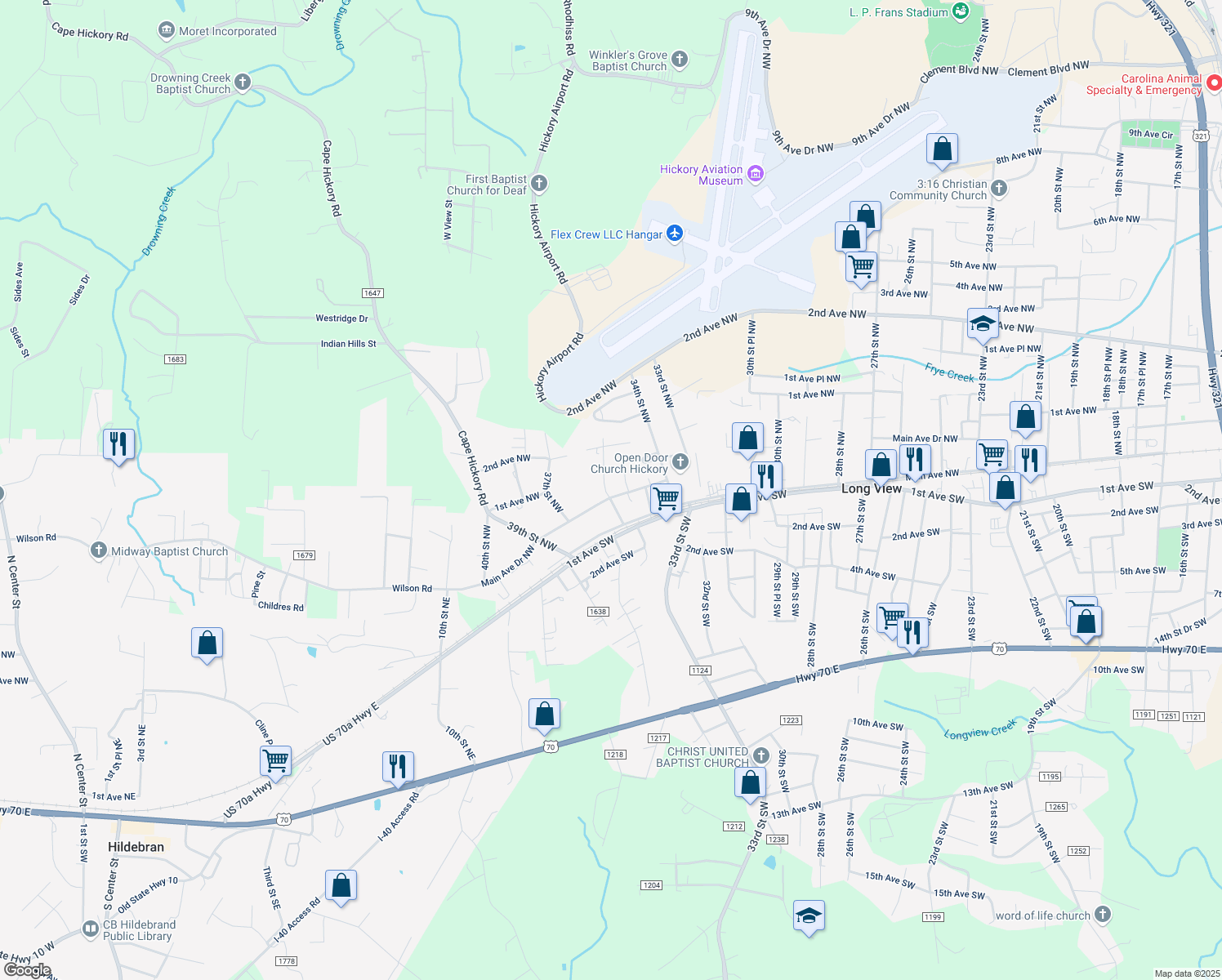 map of restaurants, bars, coffee shops, grocery stores, and more near 3550 Main Avenue Drive Northwest in Hickory