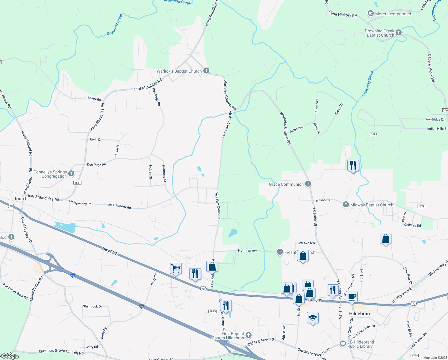 map of restaurants, bars, coffee shops, grocery stores, and more near 3097 Texs Fish Camp Road in Connelly Springs
