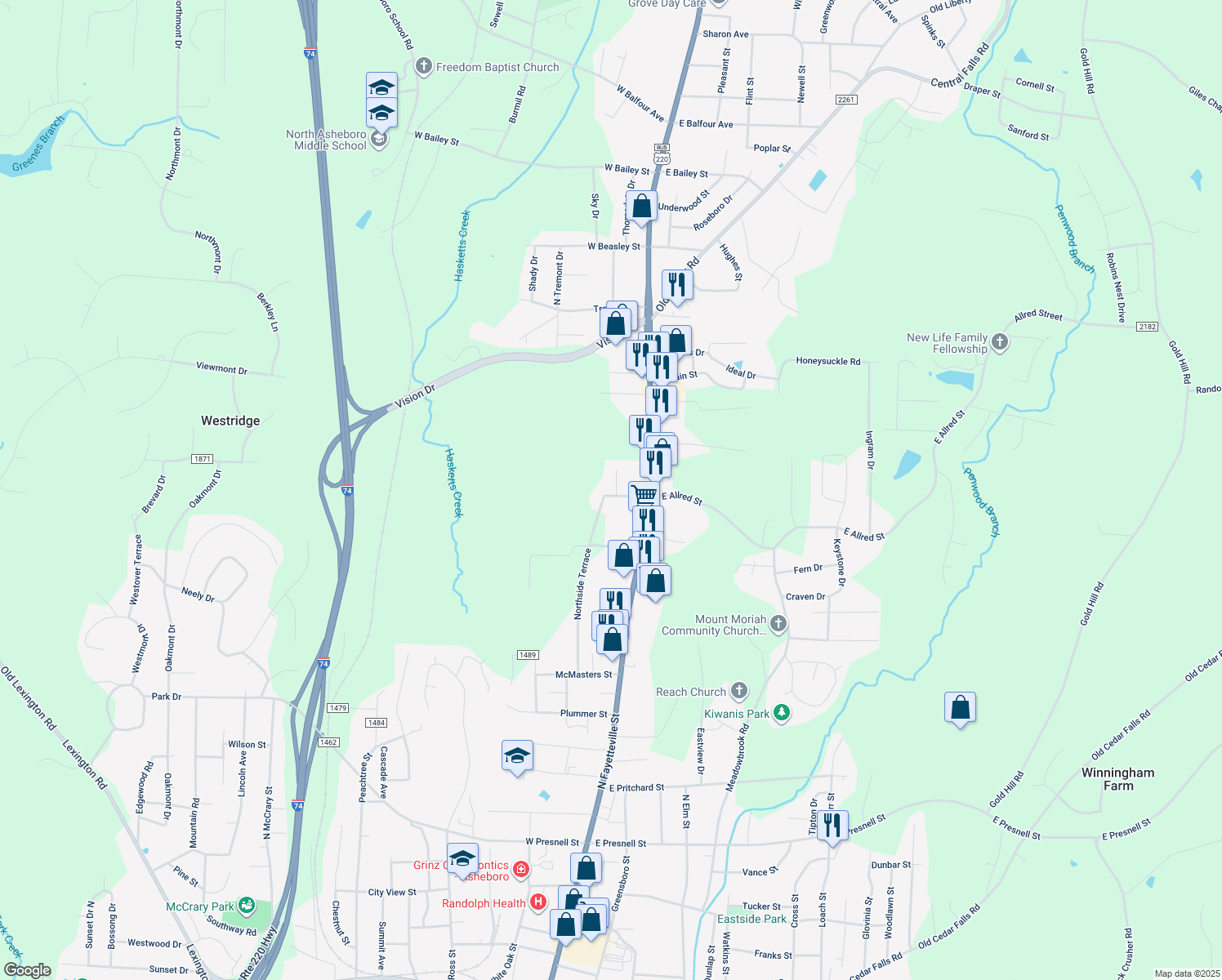 map of restaurants, bars, coffee shops, grocery stores, and more near 1325 Moody St in Asheboro