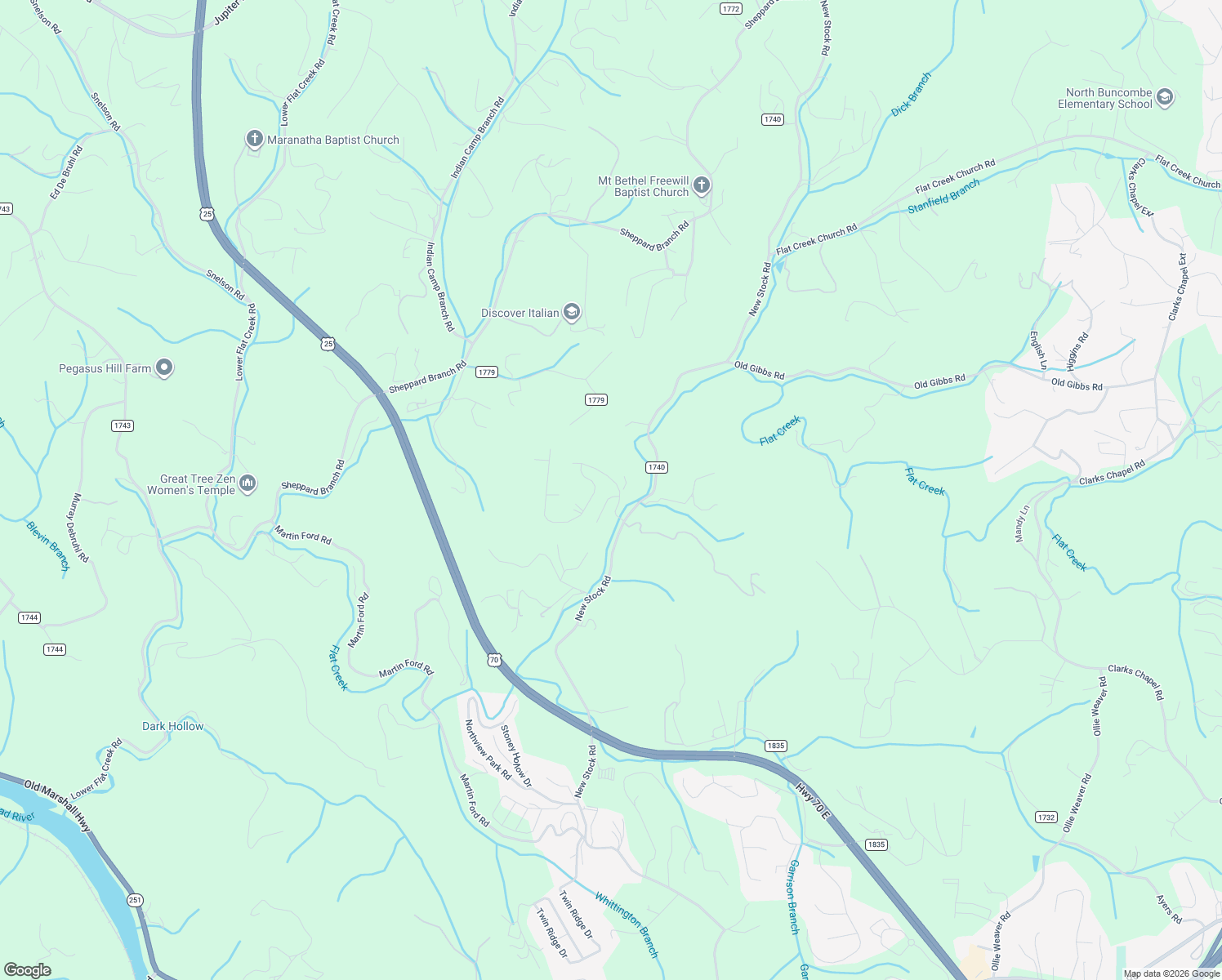 map of restaurants, bars, coffee shops, grocery stores, and more near 24 Emory Paige Road in Weaverville