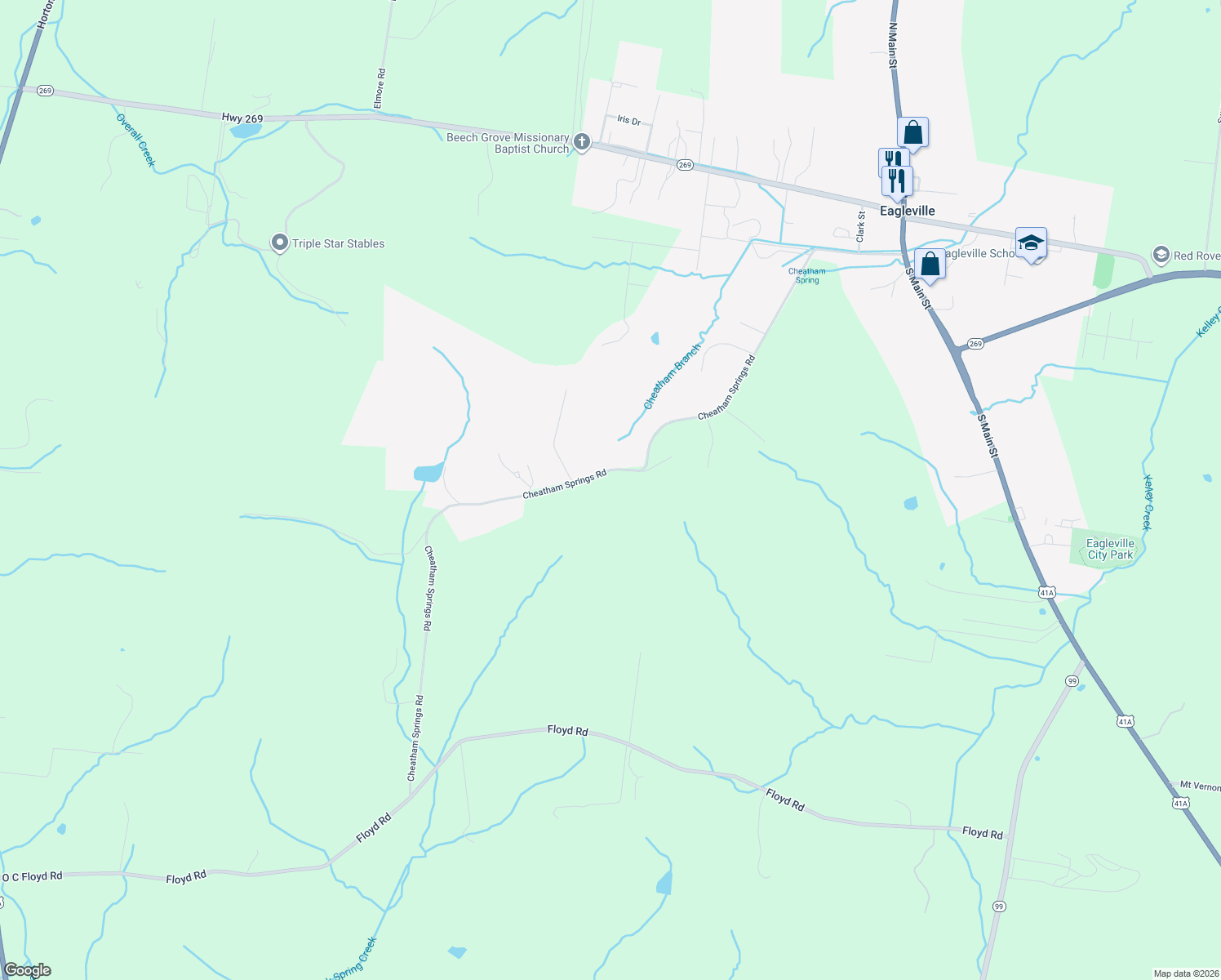 map of restaurants, bars, coffee shops, grocery stores, and more near 1489 Cheatham Springs Road in Eagleville