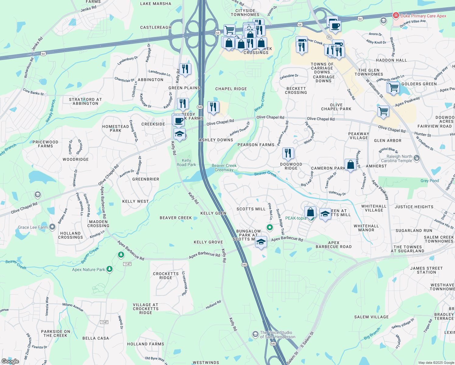 map of restaurants, bars, coffee shops, grocery stores, and more near 124 Cypress View Way in Apex