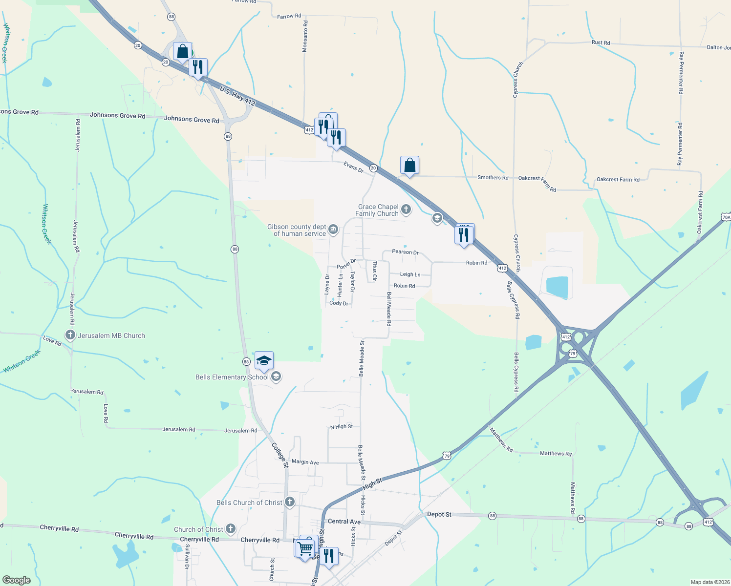 map of restaurants, bars, coffee shops, grocery stores, and more near 82 West Tracy Street in Bells