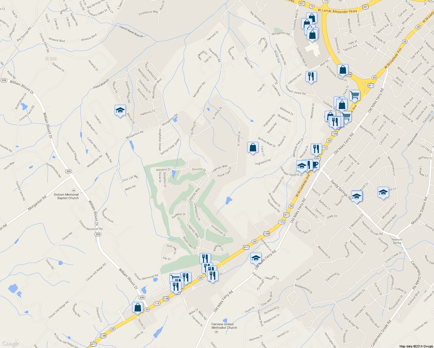 map of restaurants, bars, coffee shops, grocery stores, and more near 811 Royal View Drive in Maryville