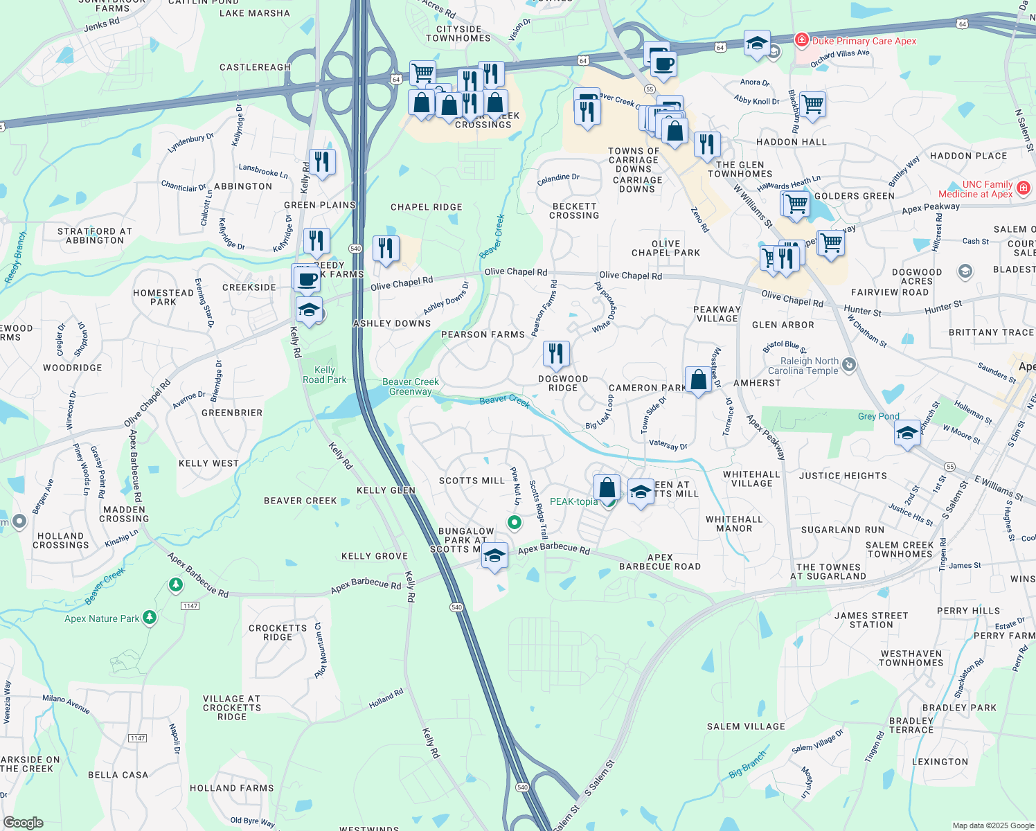 map of restaurants, bars, coffee shops, grocery stores, and more near 416 Timber Cut Lane in Apex