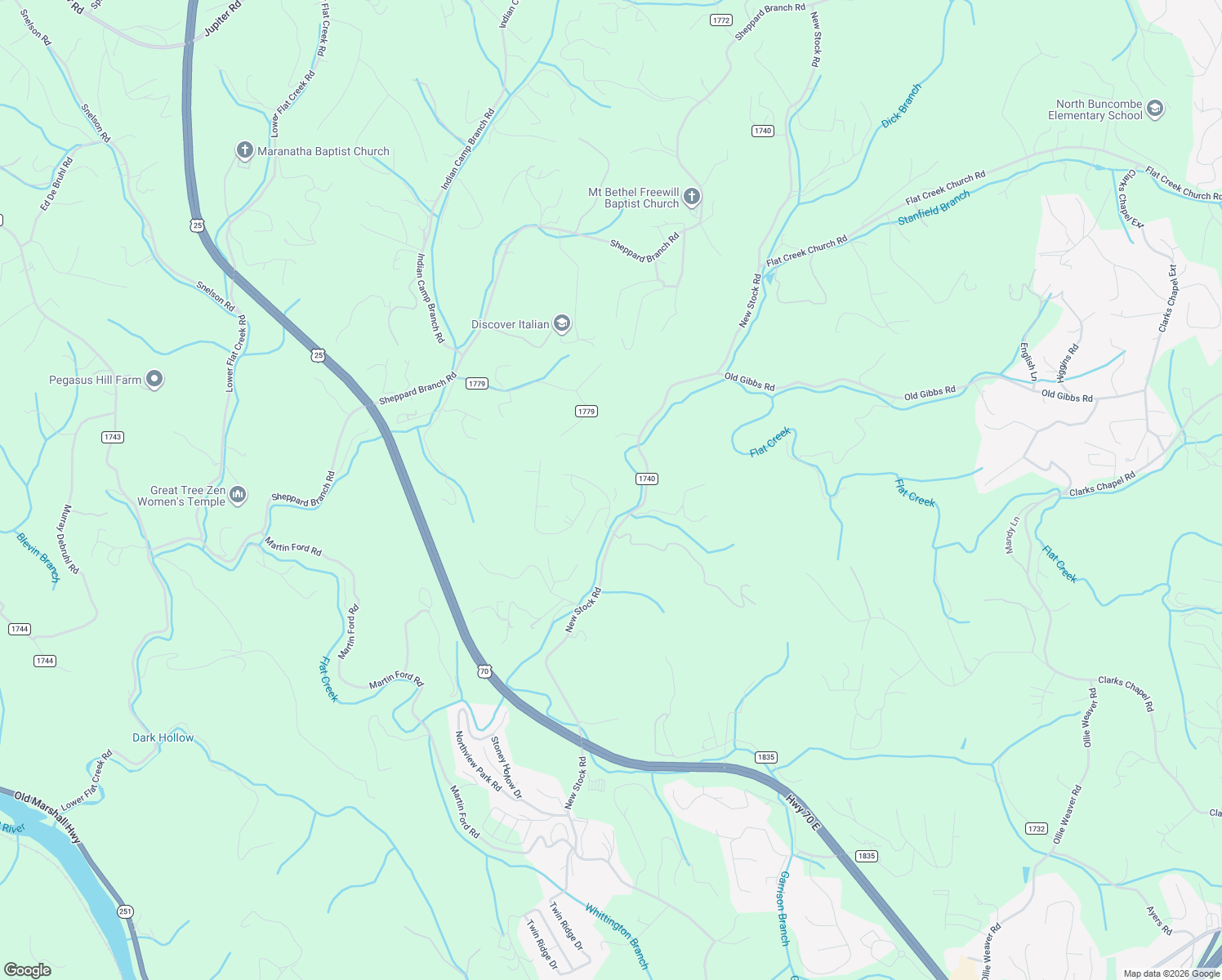 map of restaurants, bars, coffee shops, grocery stores, and more near 24 Emory Paige Road in Weaverville