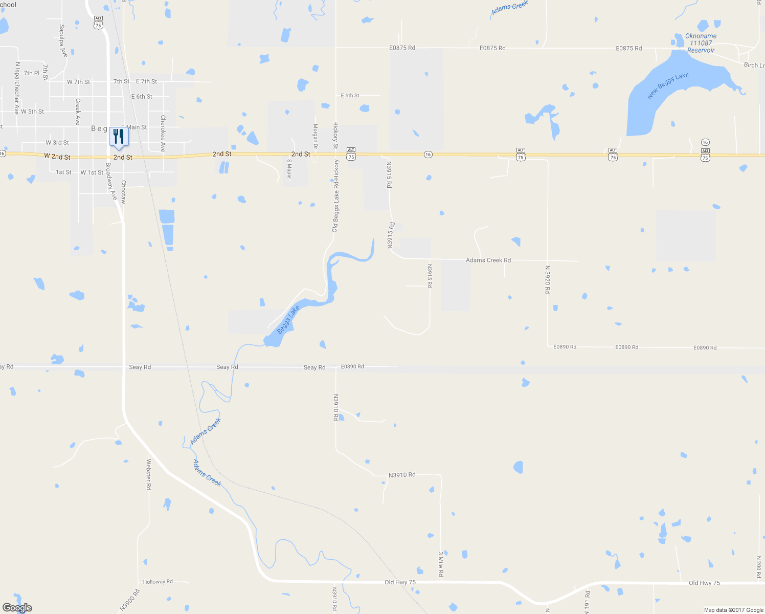 map of restaurants, bars, coffee shops, grocery stores, and more near 8951 Hilltop Road in Beggs