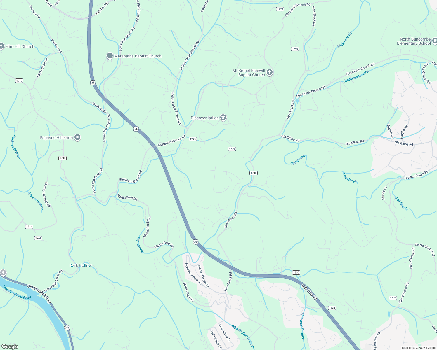 map of restaurants, bars, coffee shops, grocery stores, and more near 77 Gracie Lane in Weaverville