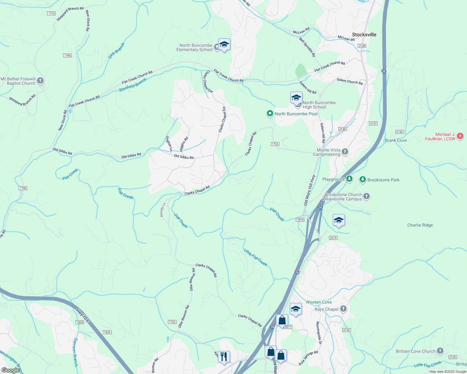 map of restaurants, bars, coffee shops, grocery stores, and more near 23 Ray Hollar Road in Weaverville