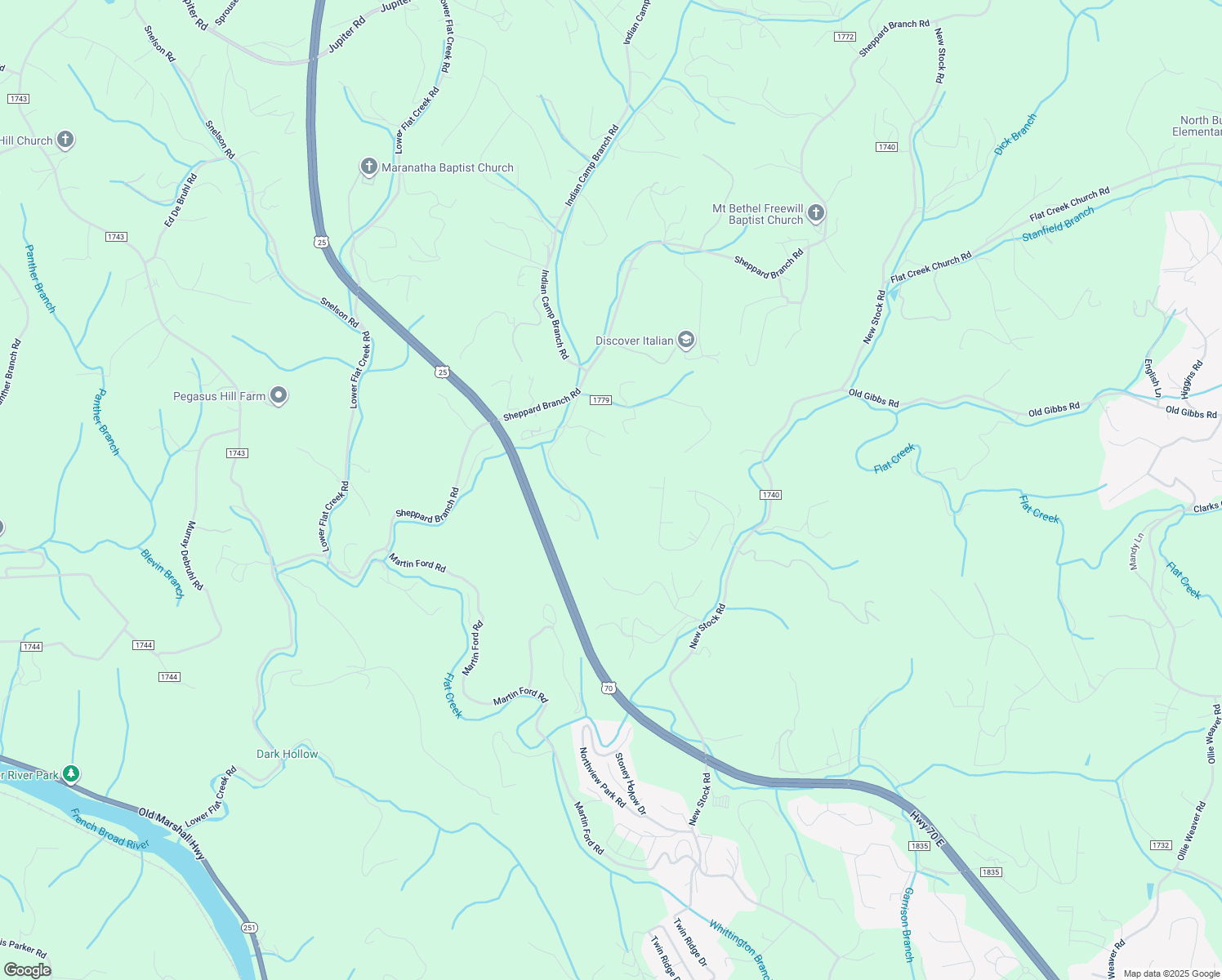 map of restaurants, bars, coffee shops, grocery stores, and more near 68 Deerborne Lane in Weaverville
