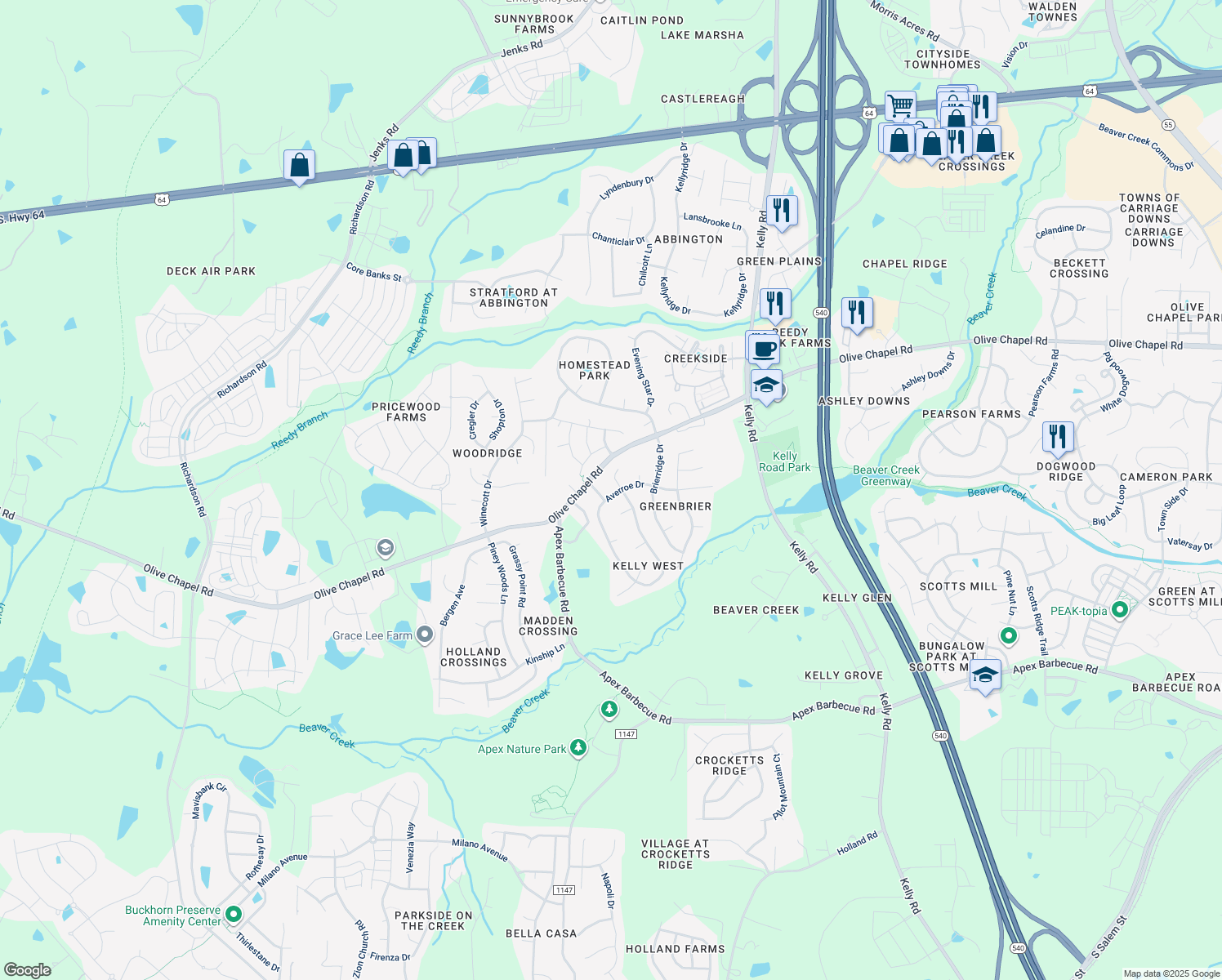 map of restaurants, bars, coffee shops, grocery stores, and more near 302 Averroe Drive in Apex