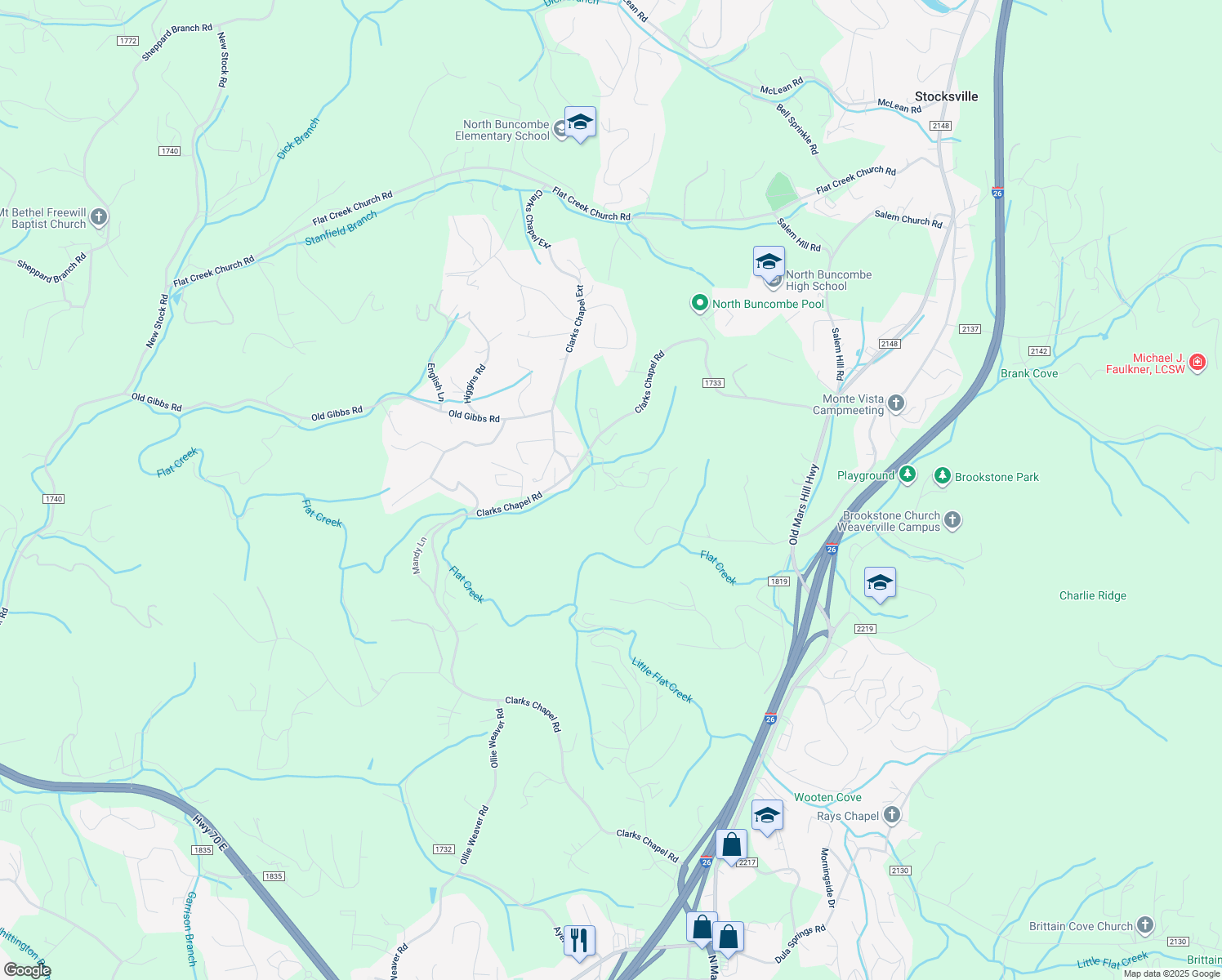 map of restaurants, bars, coffee shops, grocery stores, and more near 23 Ray Hollar Road in Weaverville