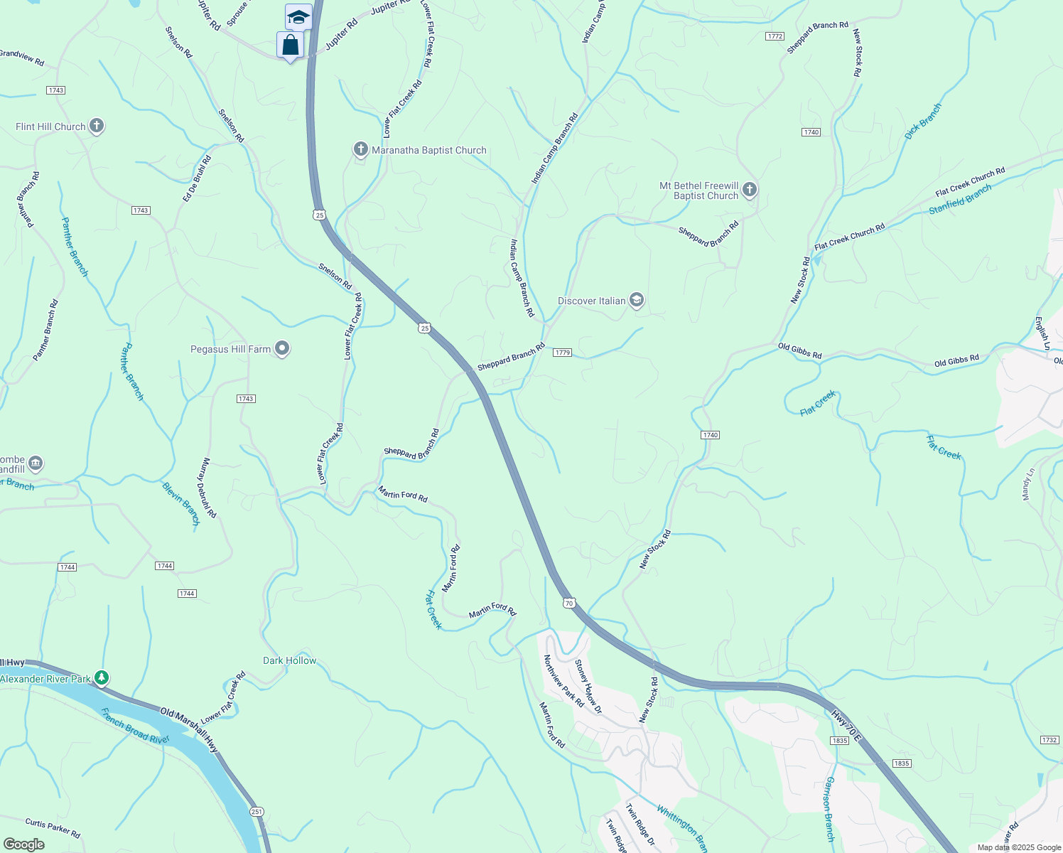 map of restaurants, bars, coffee shops, grocery stores, and more near 99999 Deerborne Lane in Weaverville