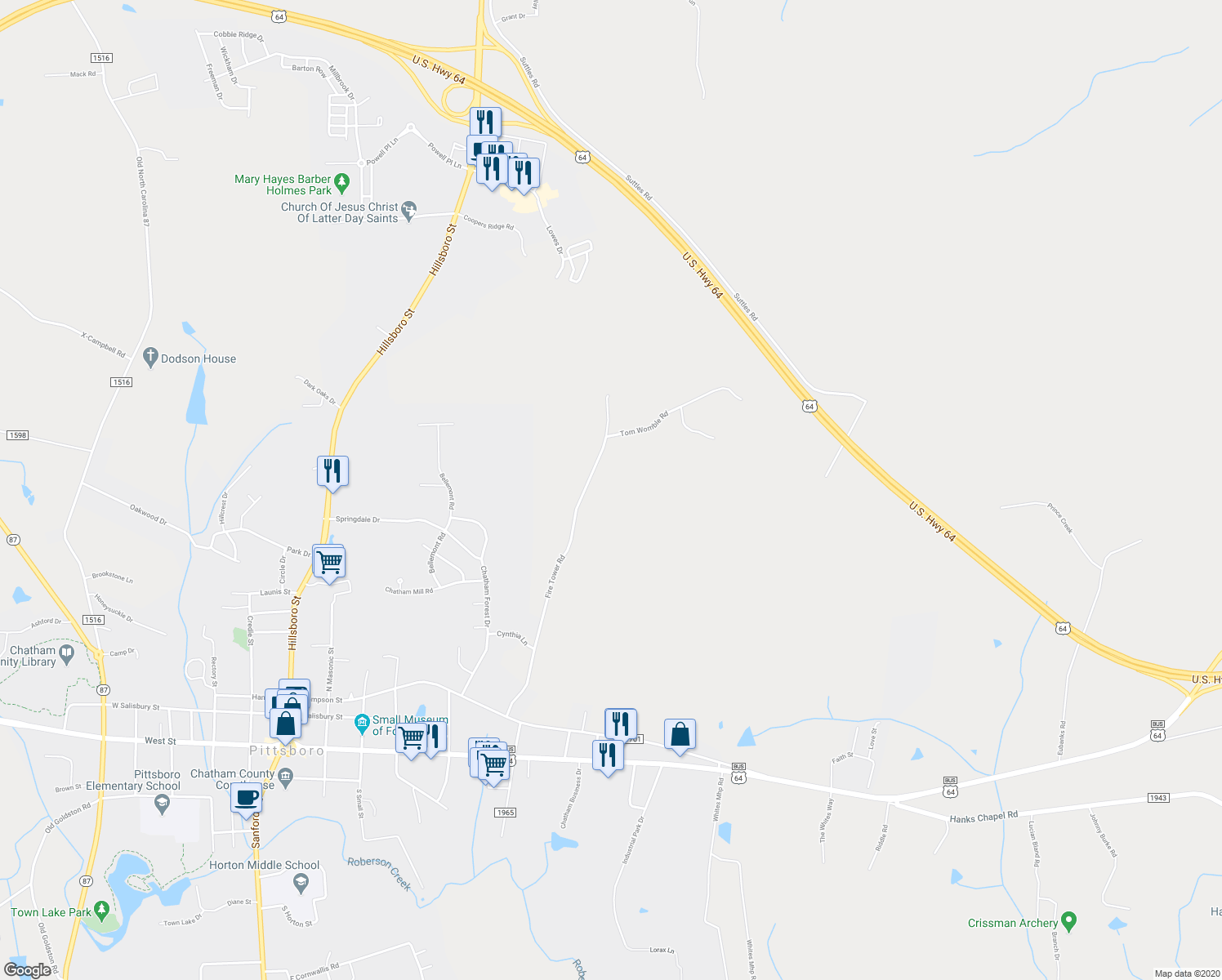 map of restaurants, bars, coffee shops, grocery stores, and more near 710 Fire Tower Road in Pittsboro