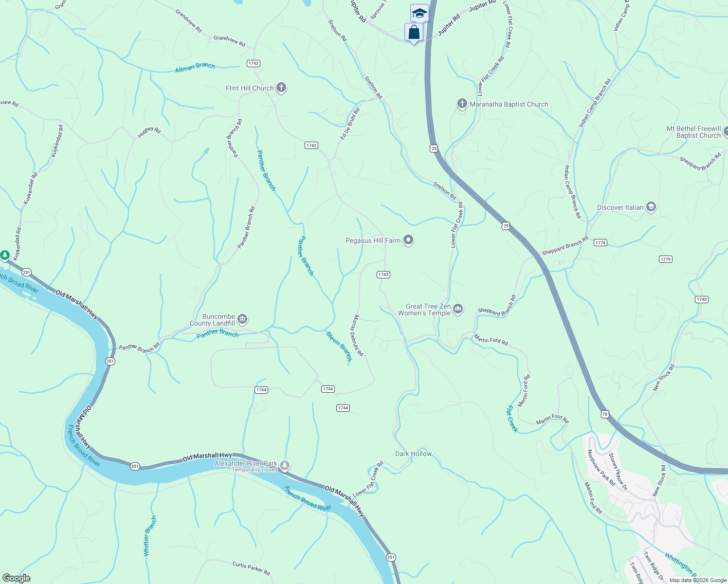 map of restaurants, bars, coffee shops, grocery stores, and more near 48 Murray De Bruhl Road in Alexander