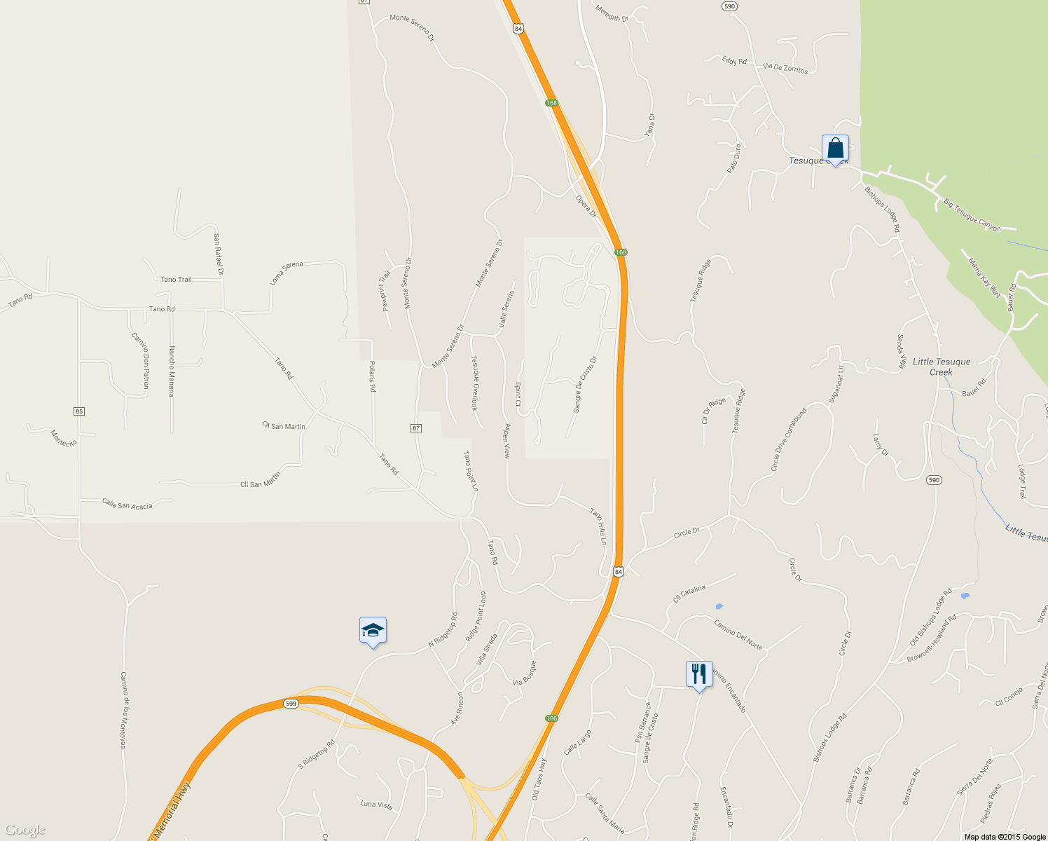map of restaurants, bars, coffee shops, grocery stores, and more near 2 Spirit Court in Santa Fe