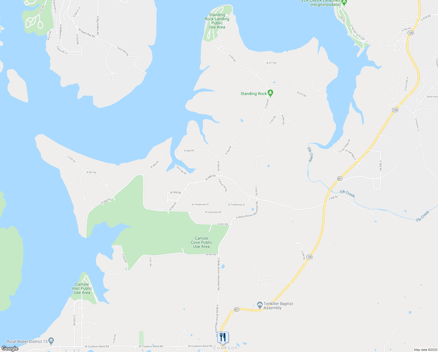 map of restaurants, bars, coffee shops, grocery stores, and more near 30701 South Wood Hill Road in Cookson