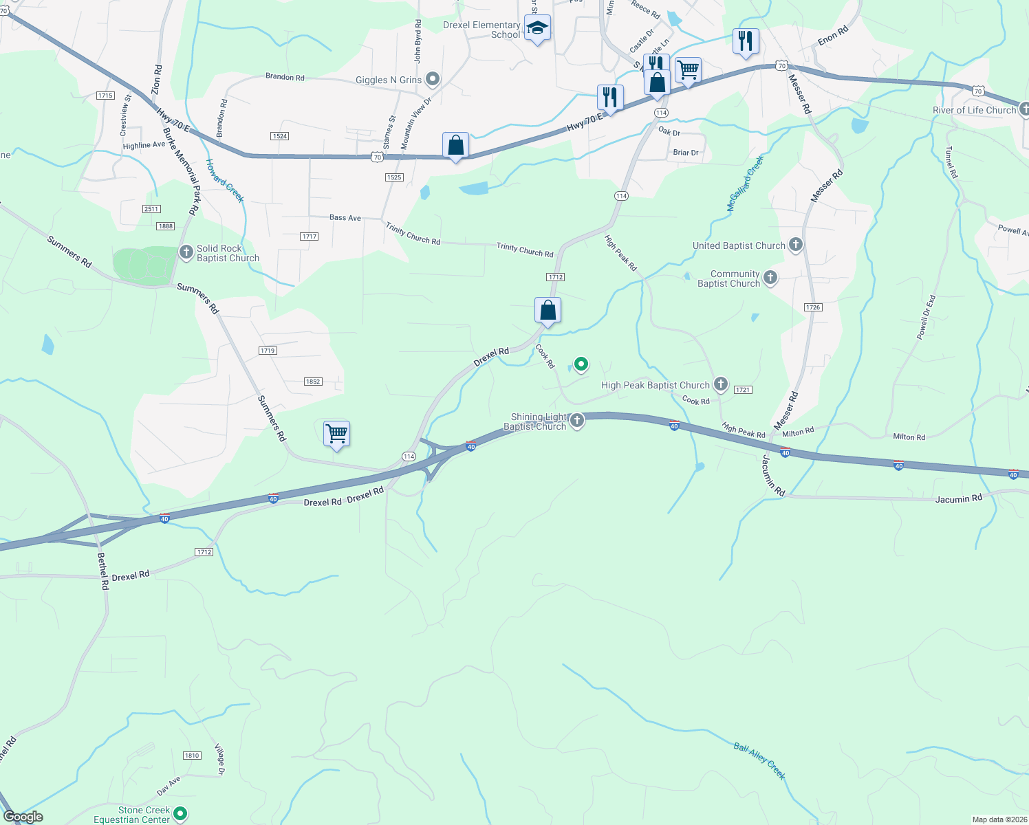map of restaurants, bars, coffee shops, grocery stores, and more near 3688 Cook Road in Valdese