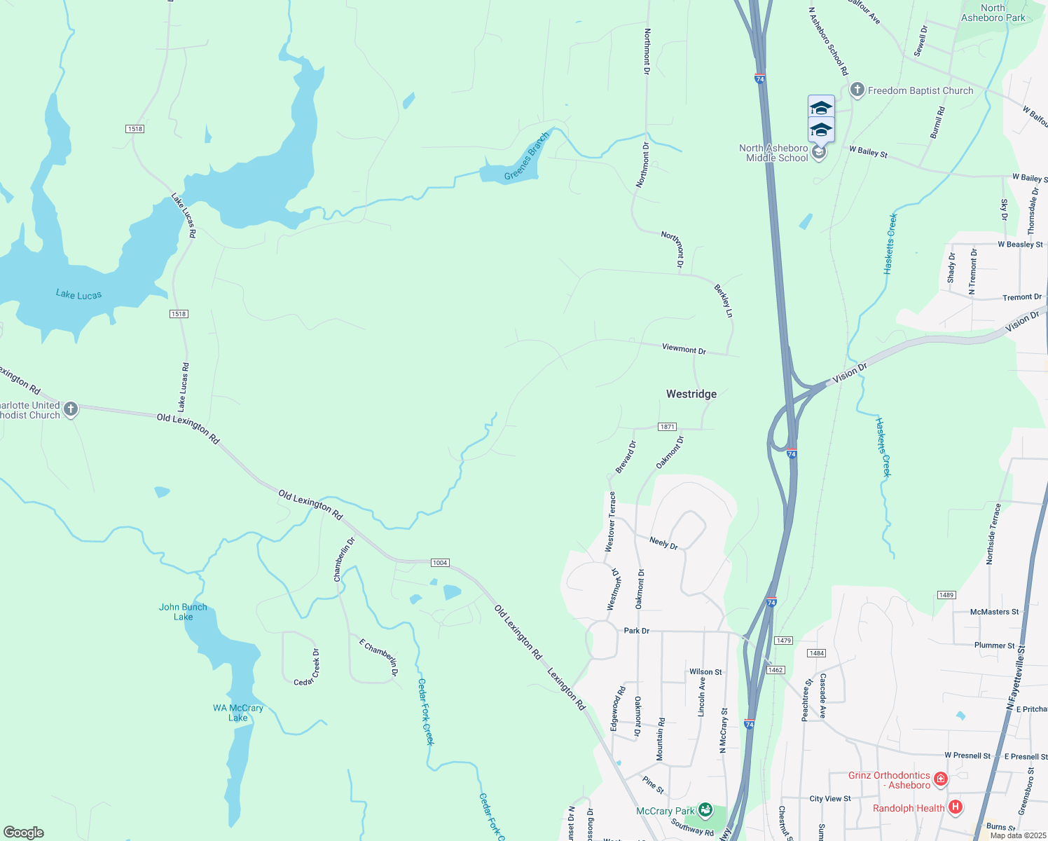 map of restaurants, bars, coffee shops, grocery stores, and more near 1072 Berrie Place in Asheboro