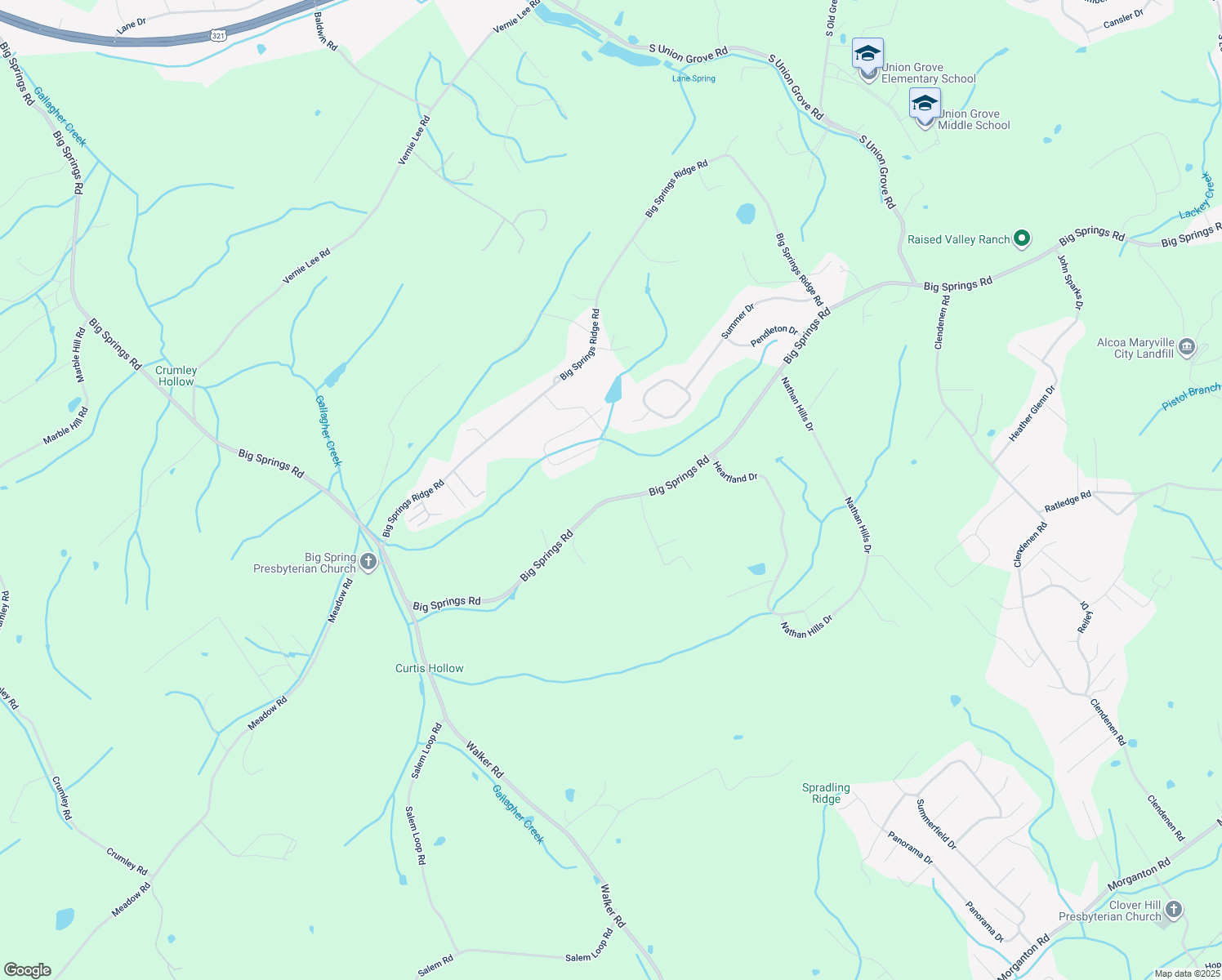 map of restaurants, bars, coffee shops, grocery stores, and more near 3724 Big Springs Road in Maryville