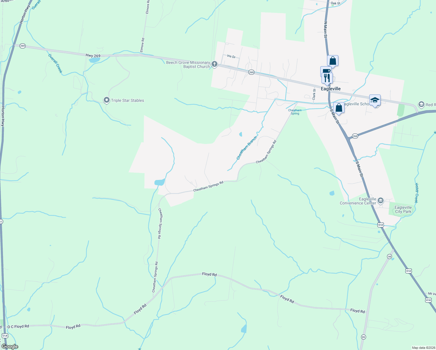 map of restaurants, bars, coffee shops, grocery stores, and more near 1434 Cheatham Springs Road in Eagleville