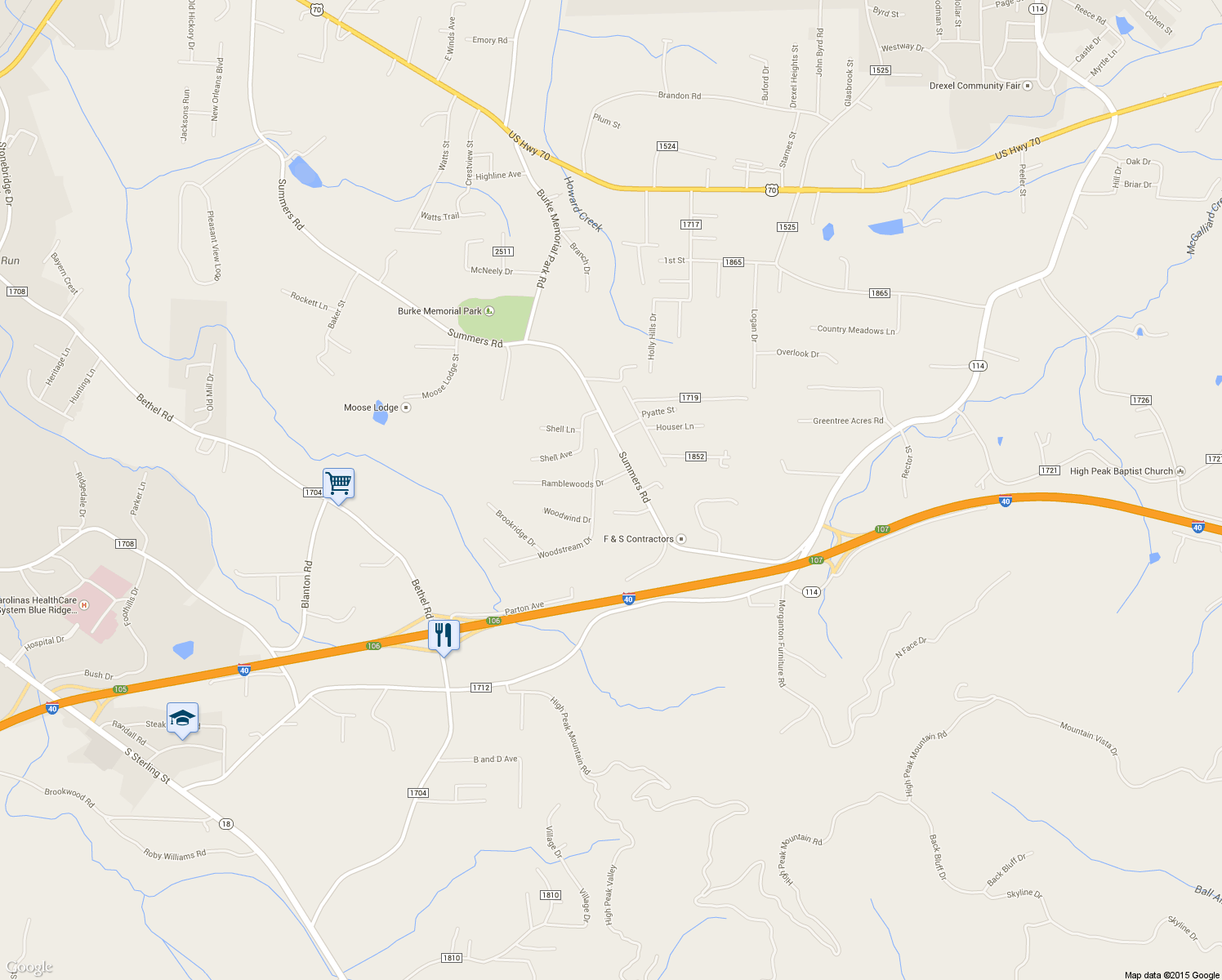 map of restaurants, bars, coffee shops, grocery stores, and more near 3002 Ramblewoods Dr in Valdese