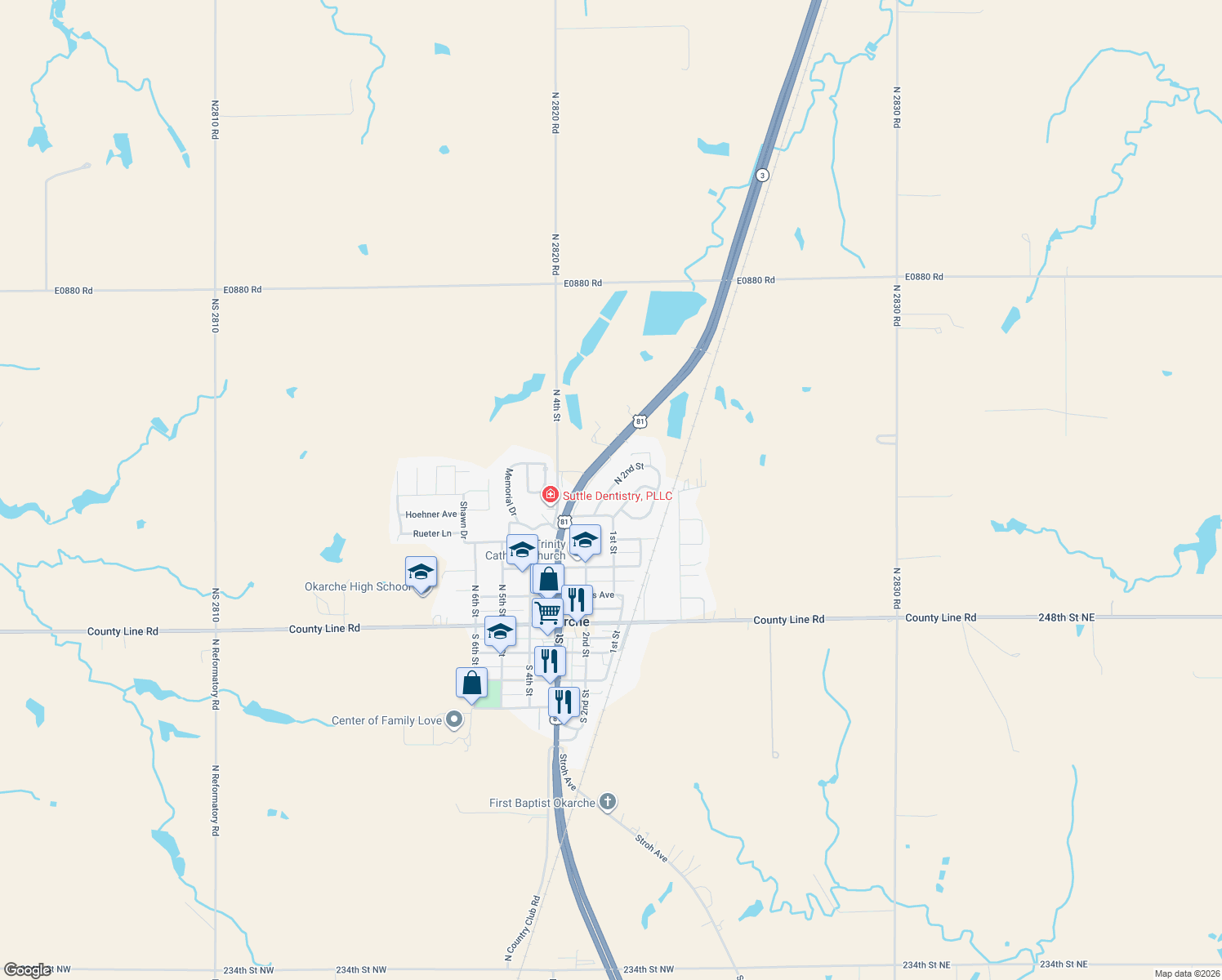 map of restaurants, bars, coffee shops, grocery stores, and more near 510 North 2nd Street in Okarche
