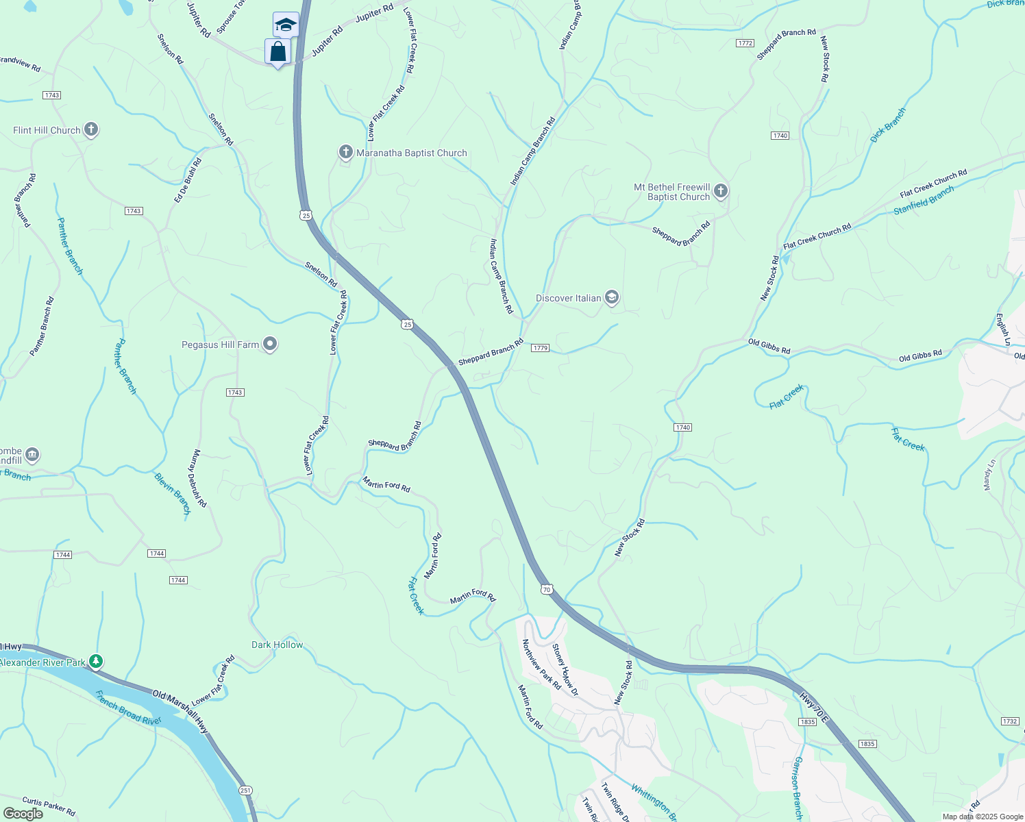 map of restaurants, bars, coffee shops, grocery stores, and more near 68 Deerborne Lane in Weaverville