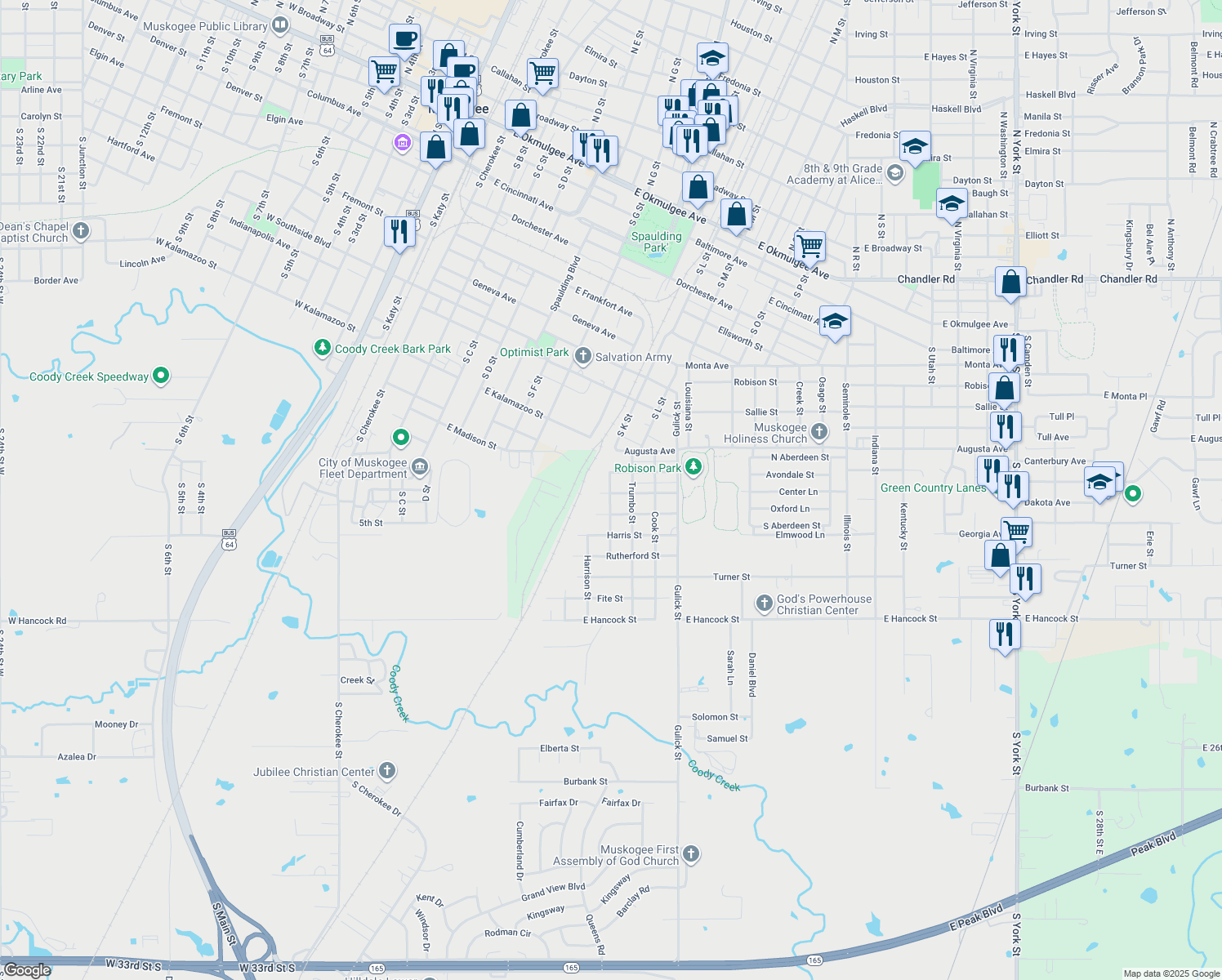 map of restaurants, bars, coffee shops, grocery stores, and more near 1004 East Holden Street in Muskogee