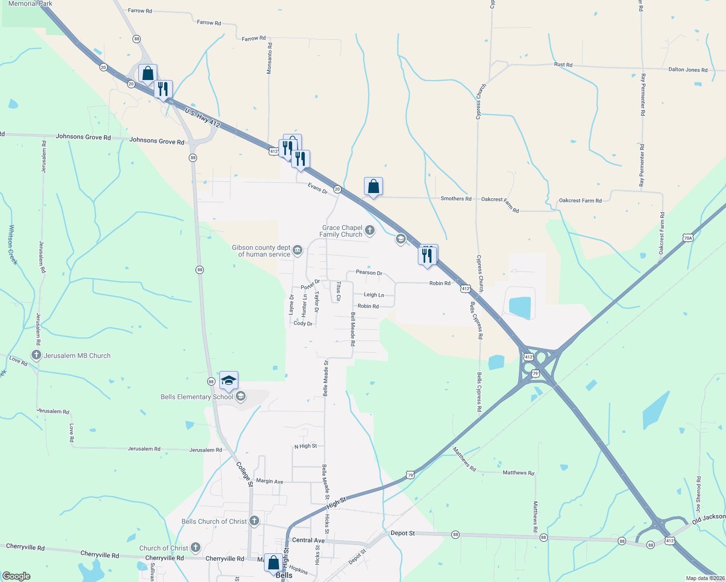 map of restaurants, bars, coffee shops, grocery stores, and more near 46 Leigh Lane in Bells