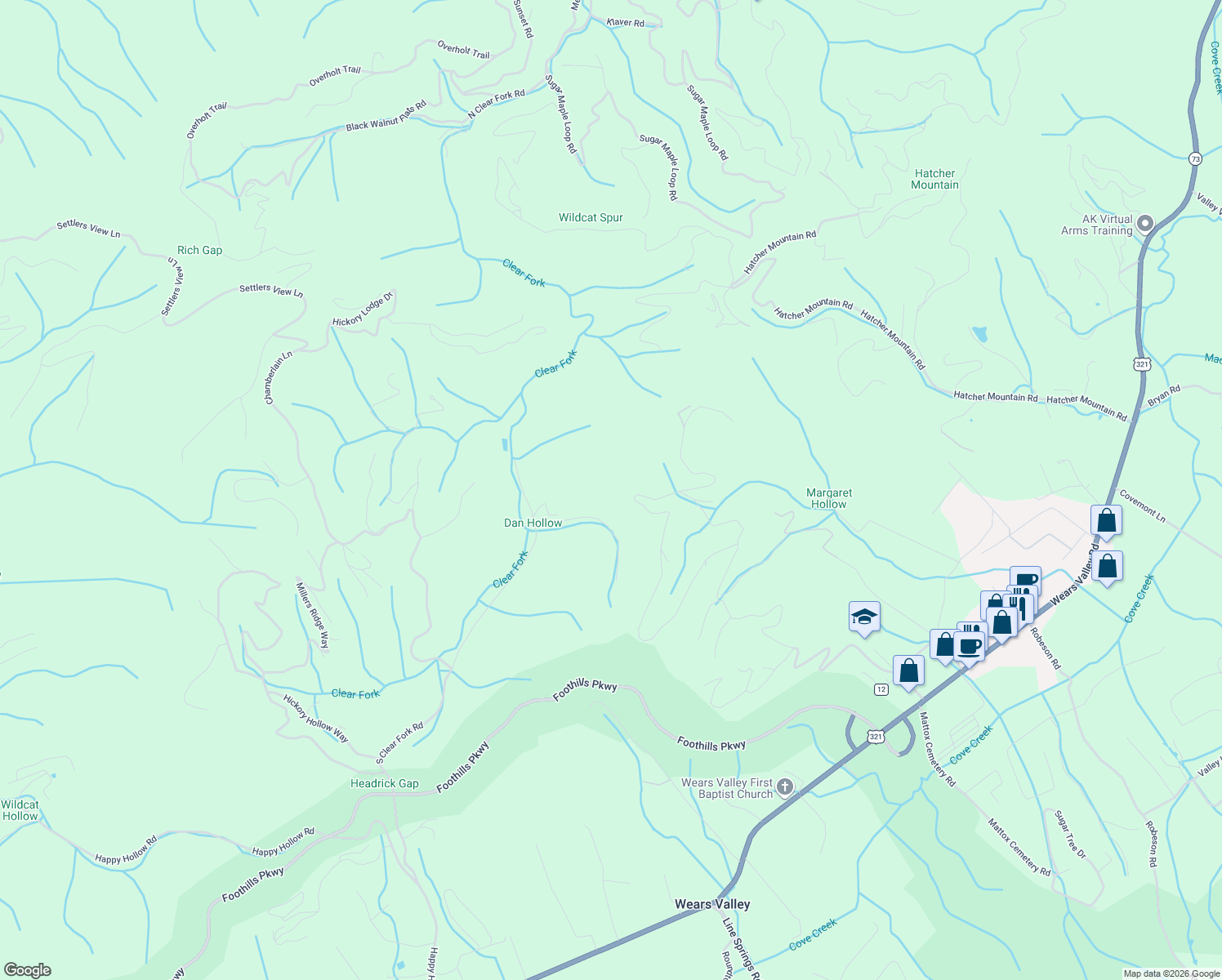 map of restaurants, bars, coffee shops, grocery stores, and more near 2673 South Clear Fork Road in Pigeon Forge