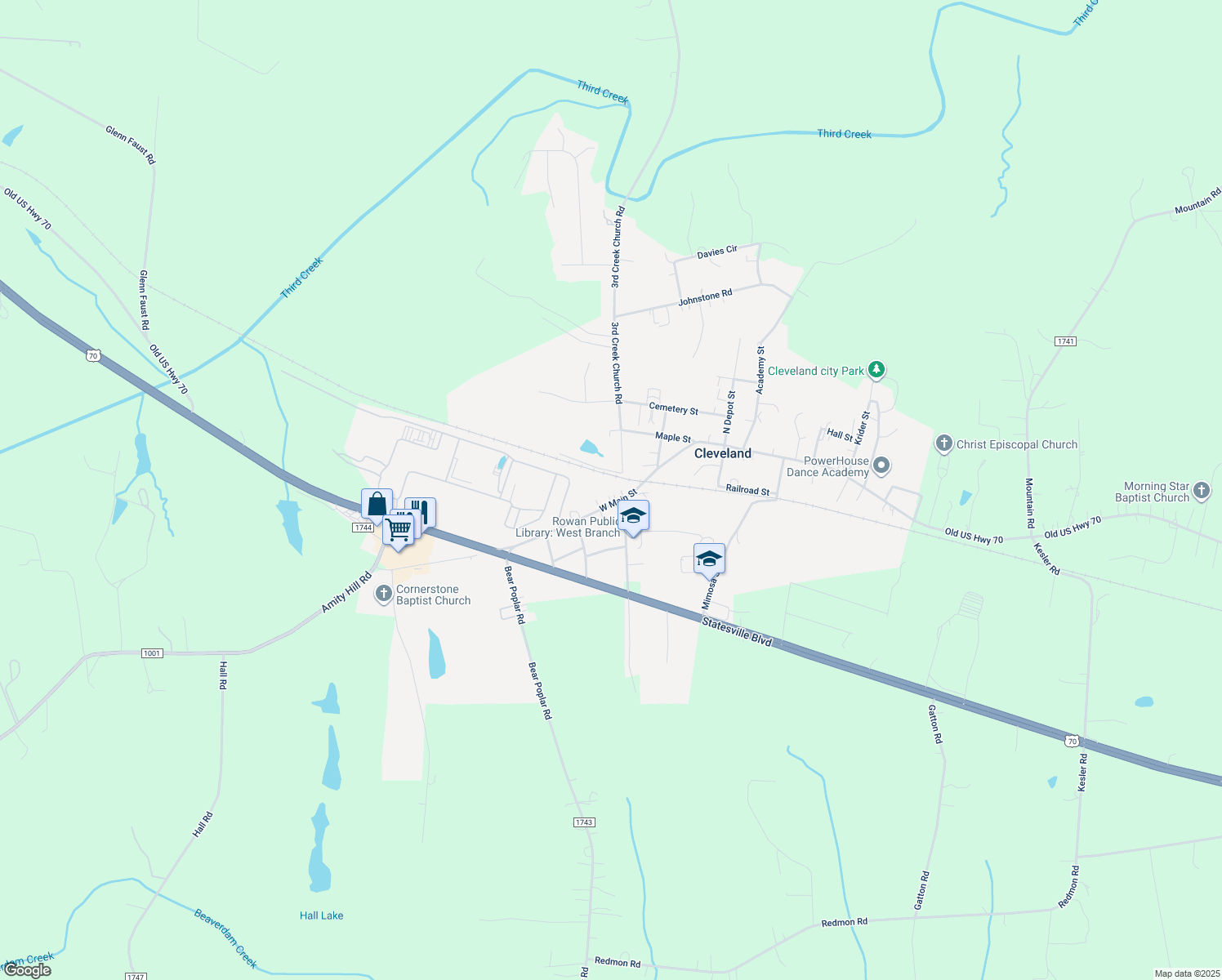 map of restaurants, bars, coffee shops, grocery stores, and more near 402 West Main Street in Cleveland