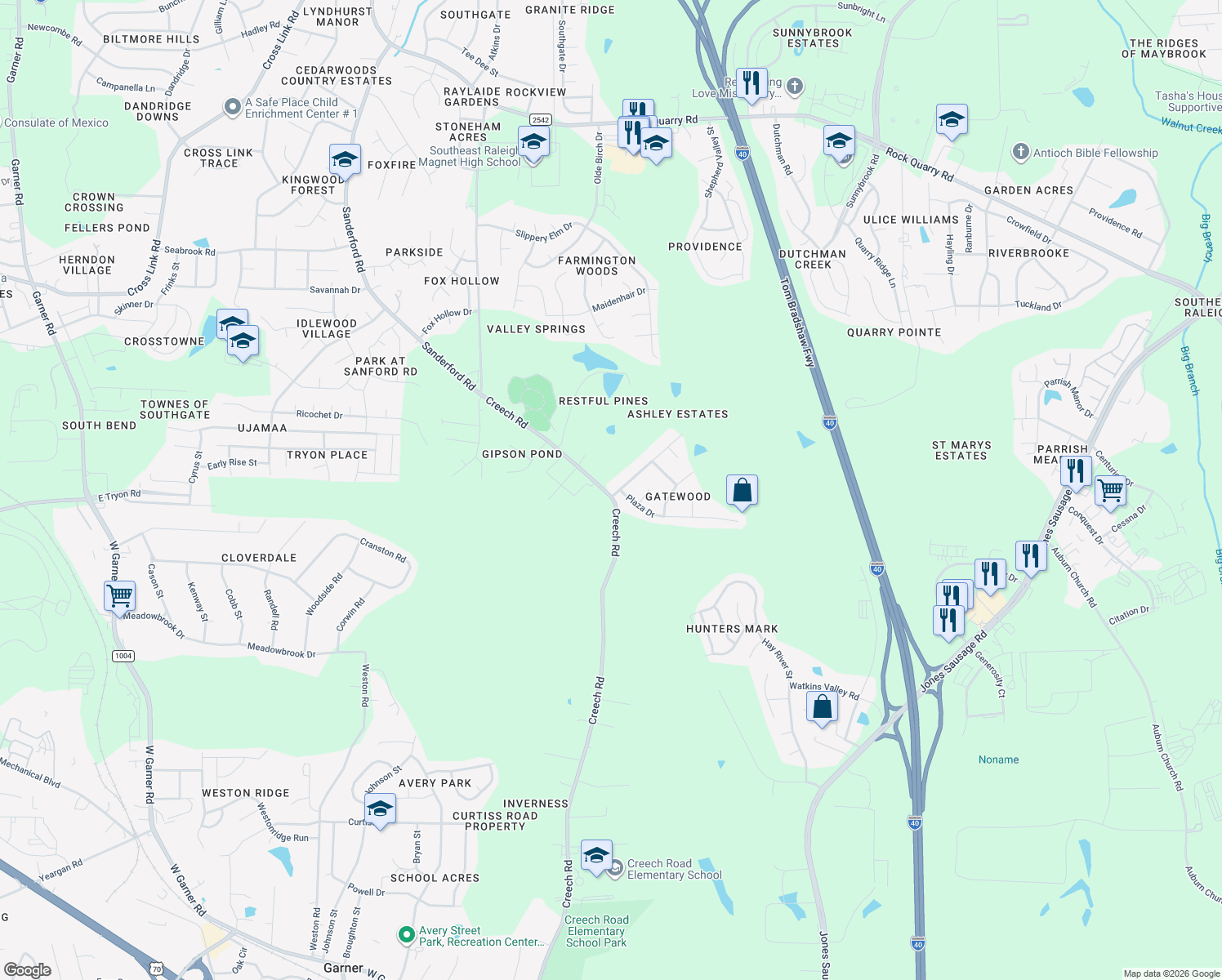 map of restaurants, bars, coffee shops, grocery stores, and more near 101 Gatewood Drive in Garner