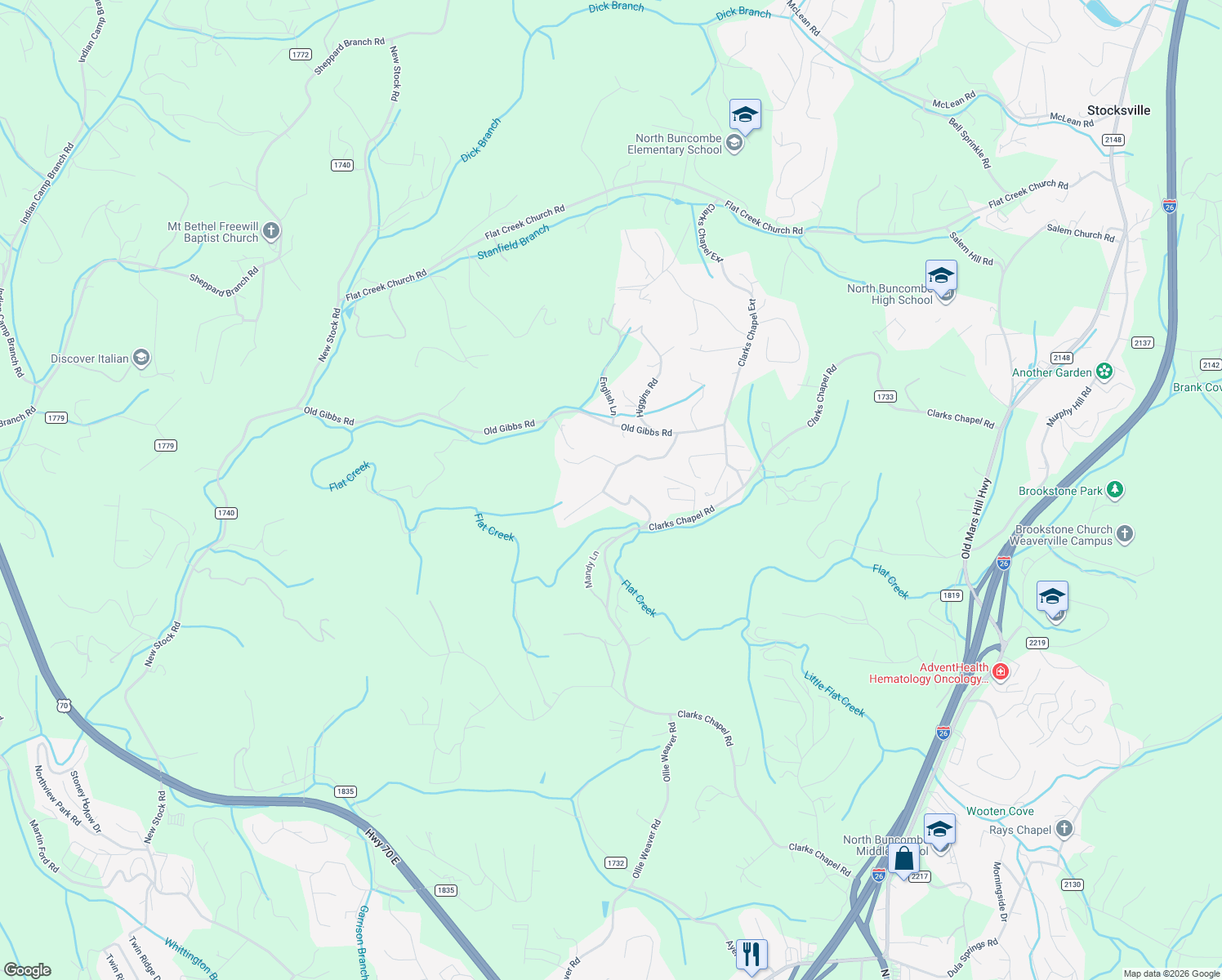 map of restaurants, bars, coffee shops, grocery stores, and more near 45 High Country Road in Weaverville