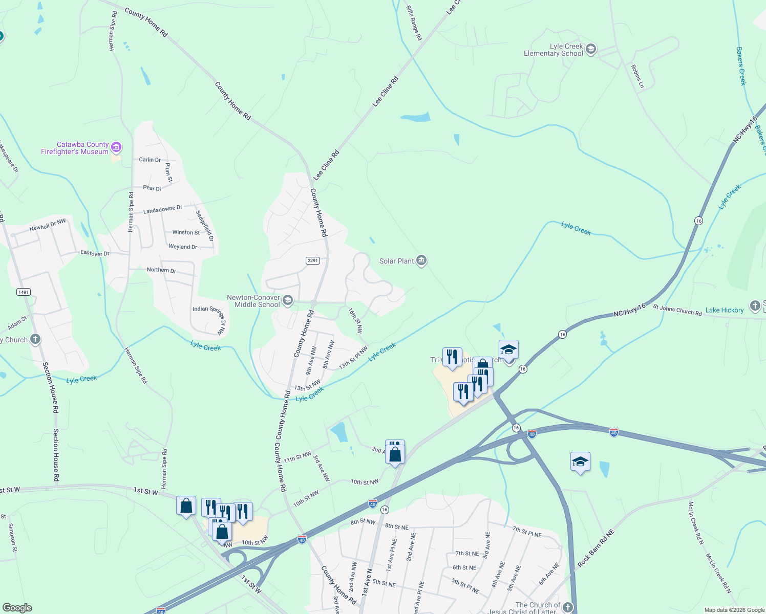 map of restaurants, bars, coffee shops, grocery stores, and more near Northern Dr NW in Conover