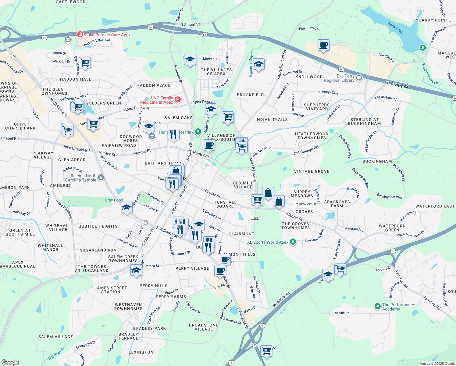 map of restaurants, bars, coffee shops, grocery stores, and more near 517 Old Mill Village Drive in Apex