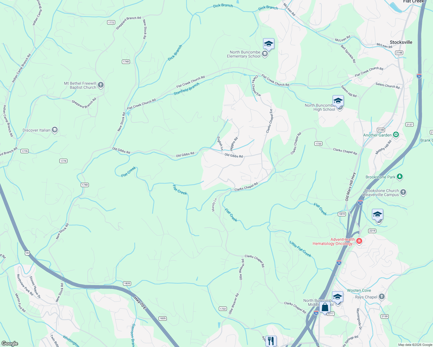 map of restaurants, bars, coffee shops, grocery stores, and more near 45 High Country Road in Weaverville