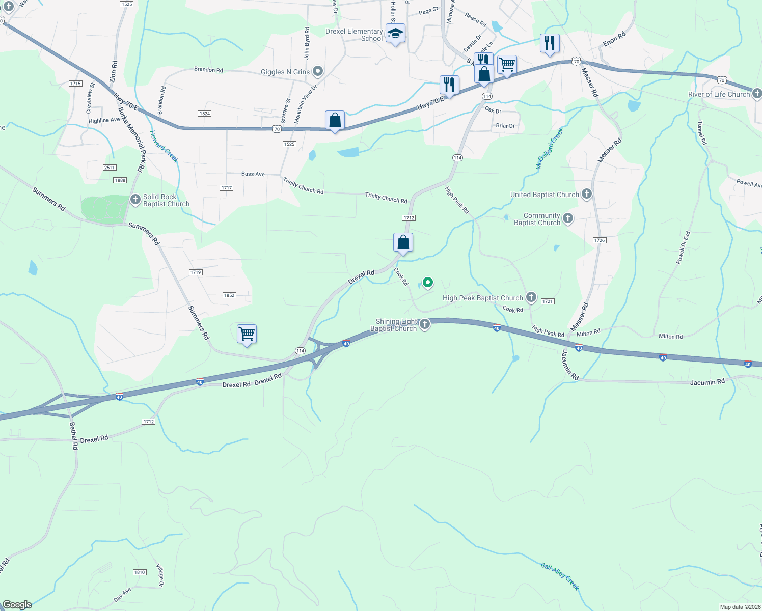 map of restaurants, bars, coffee shops, grocery stores, and more near 3688 Cook Road in Valdese