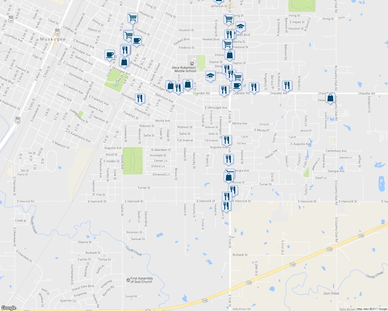 map of restaurants, bars, coffee shops, grocery stores, and more near 1002 Kentucky Street in Muskogee