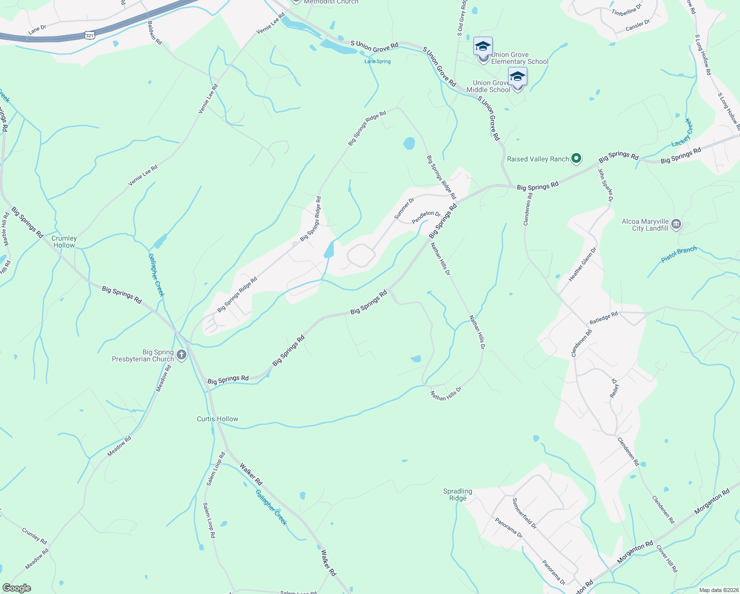 map of restaurants, bars, coffee shops, grocery stores, and more near 3614 Big Springs Road in Maryville