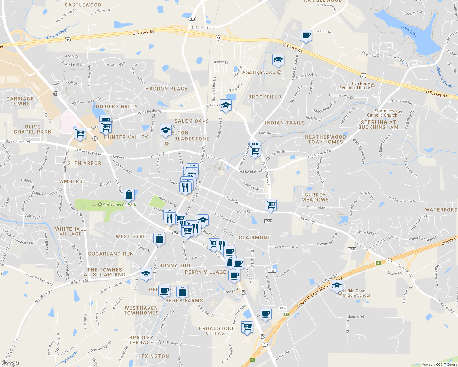 map of restaurants, bars, coffee shops, grocery stores, and more near 320 North Mason Street in Apex