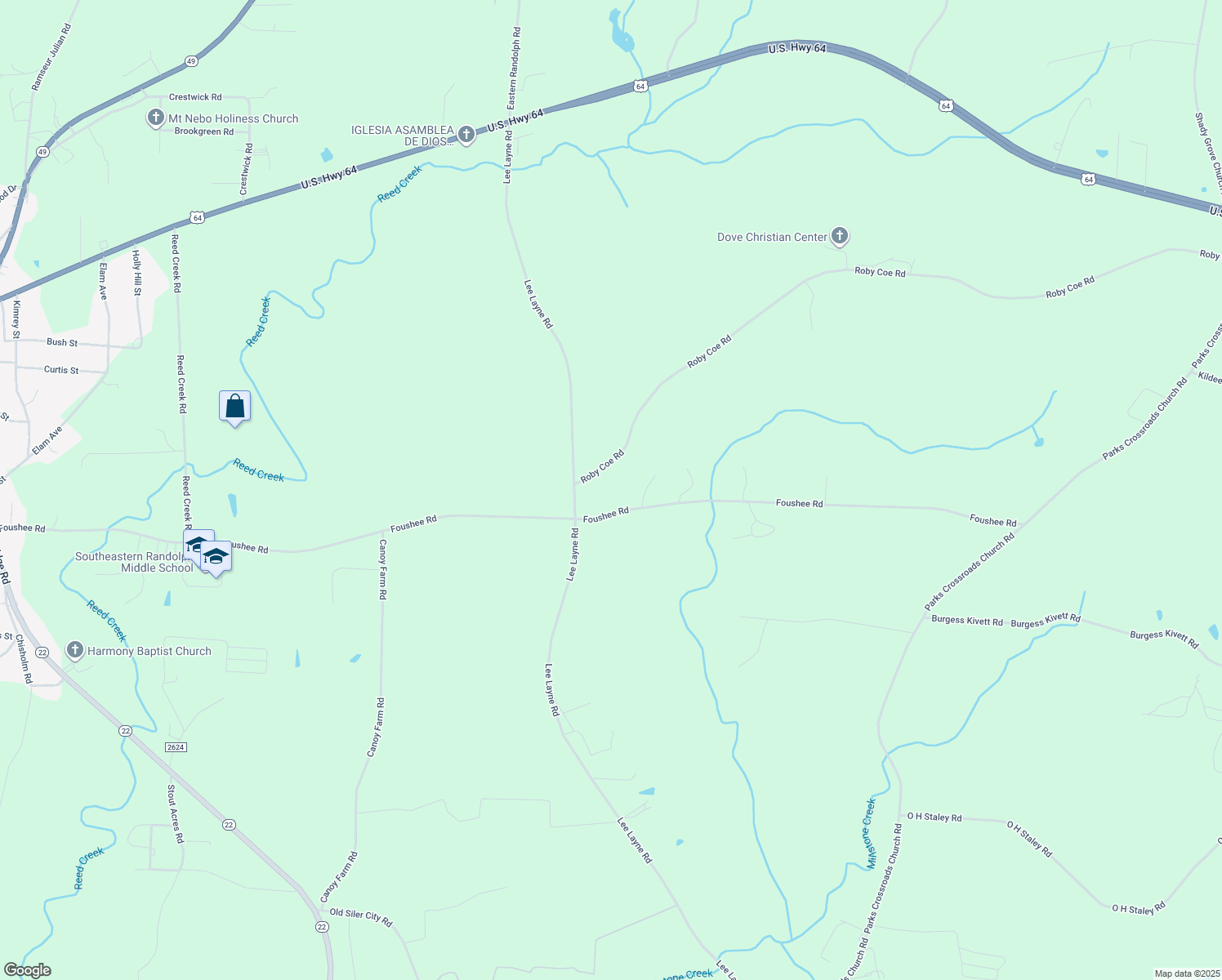 map of restaurants, bars, coffee shops, grocery stores, and more near 6119 Foushee Road in Ramseur