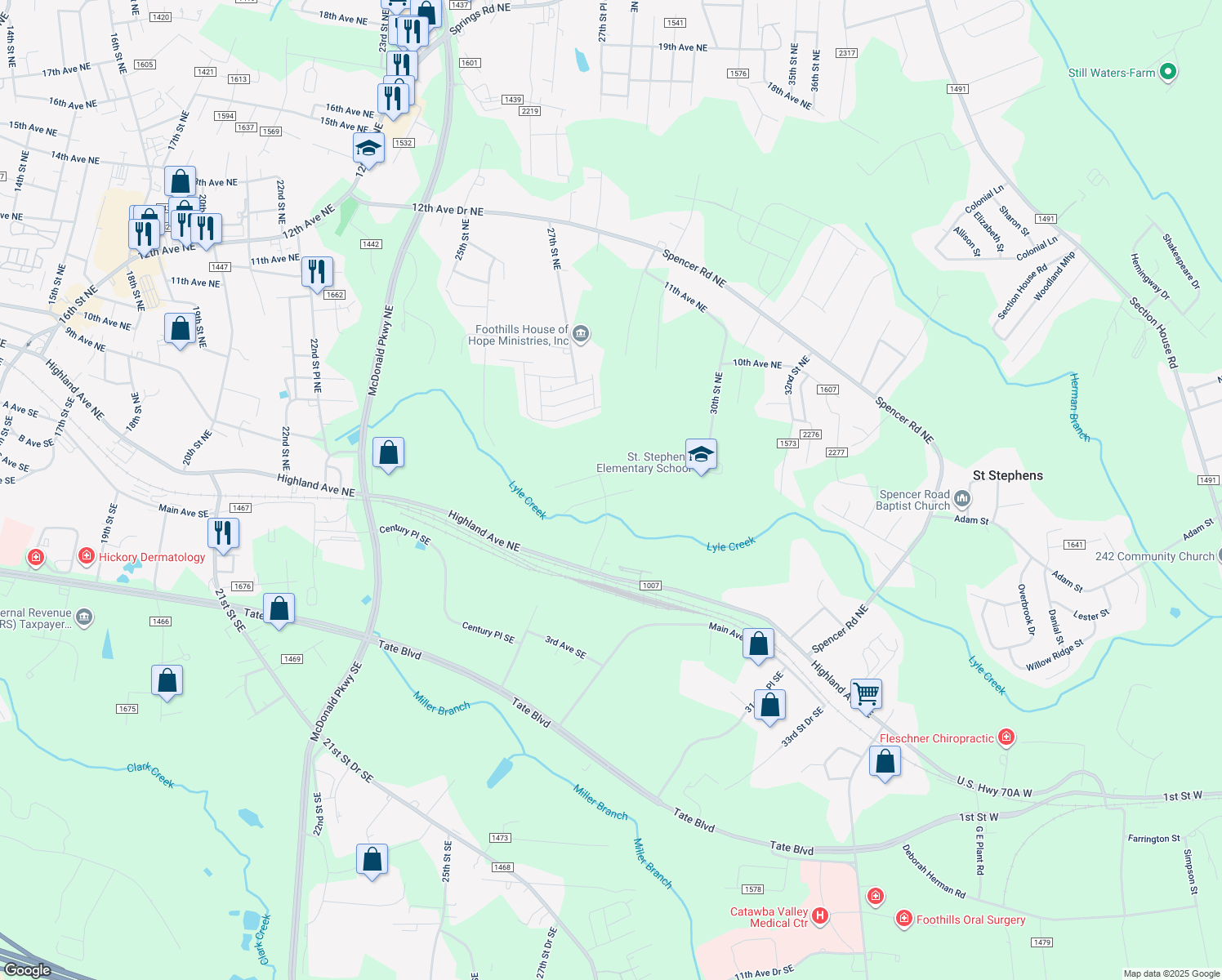 map of restaurants, bars, coffee shops, grocery stores, and more near 510 27th Street Drive Northeast in Hickory